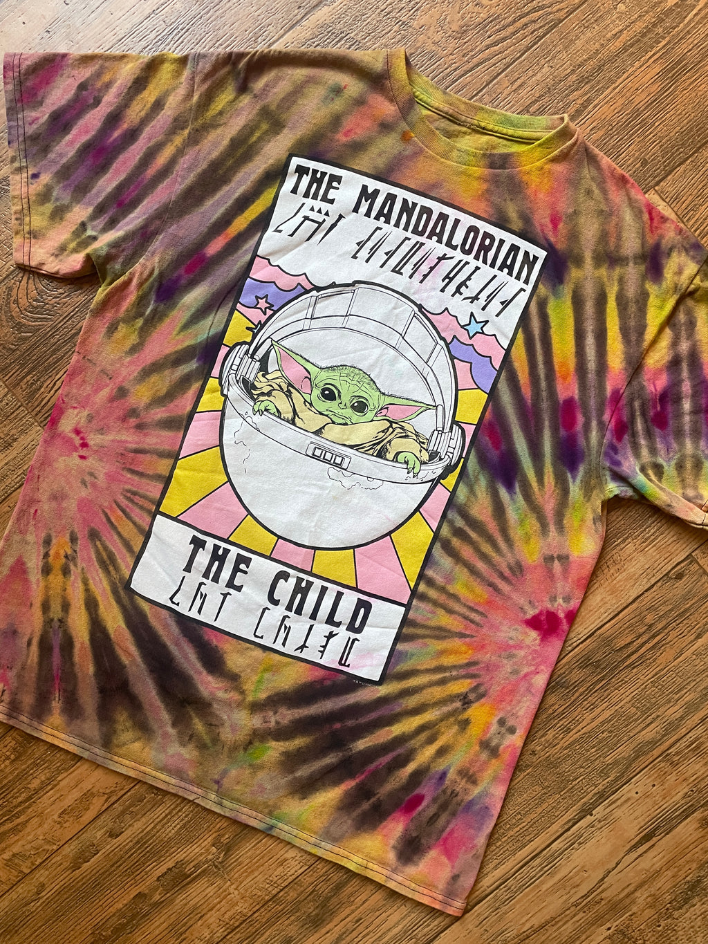 Star Wars The Mandalorian The Child Neon Rainbow Tie Dye Short Sleeve T-Shirt | Men's Large