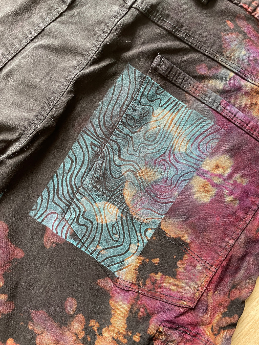 Men’s Size 30 Gerry Tie Dye Shorts | One-Of-a-Kind Upcycled Black and Pink Crumpled Climbing Shorts