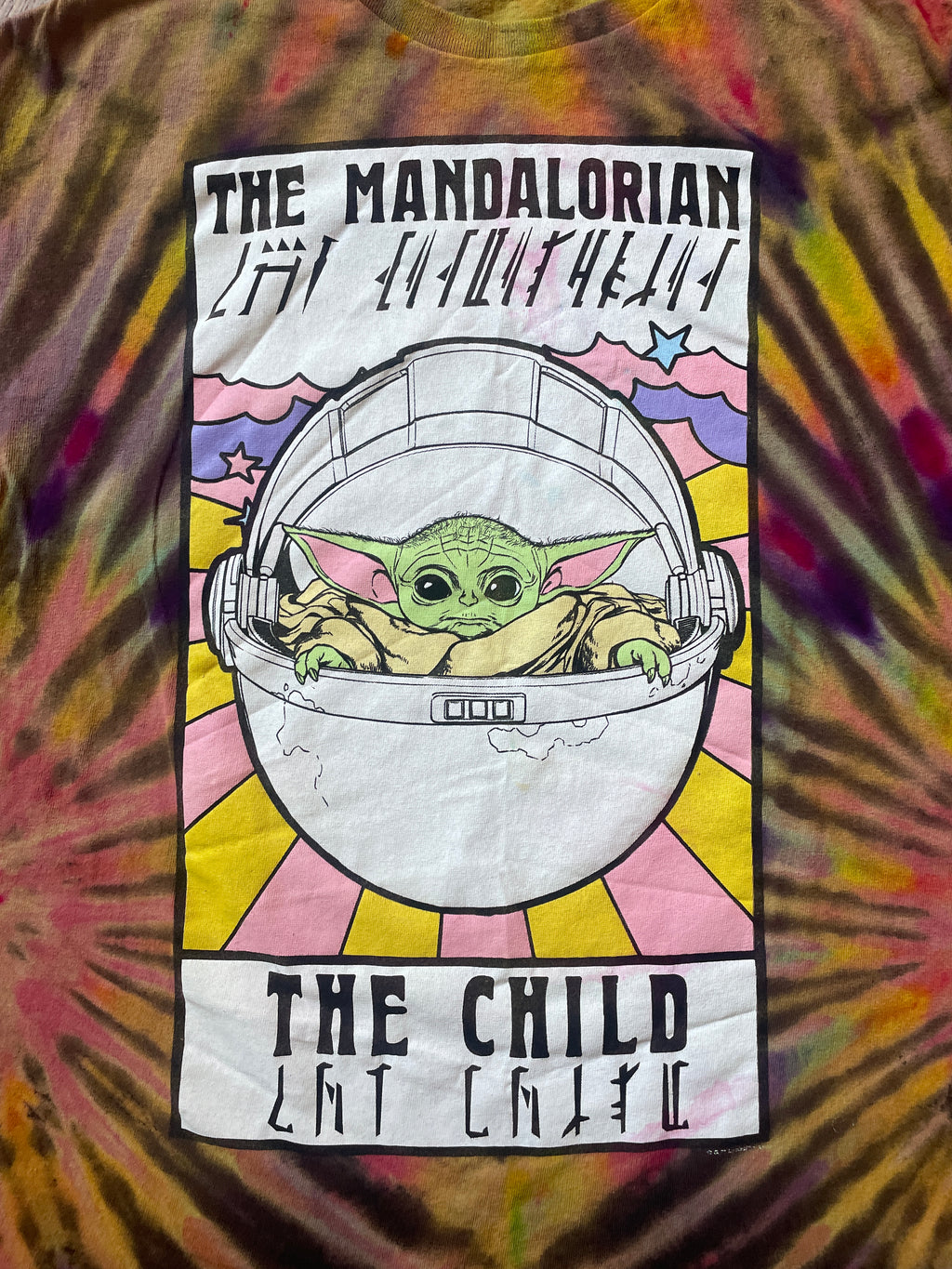 Star Wars The Mandalorian The Child Neon Rainbow Tie Dye Short Sleeve T-Shirt | Men's Large