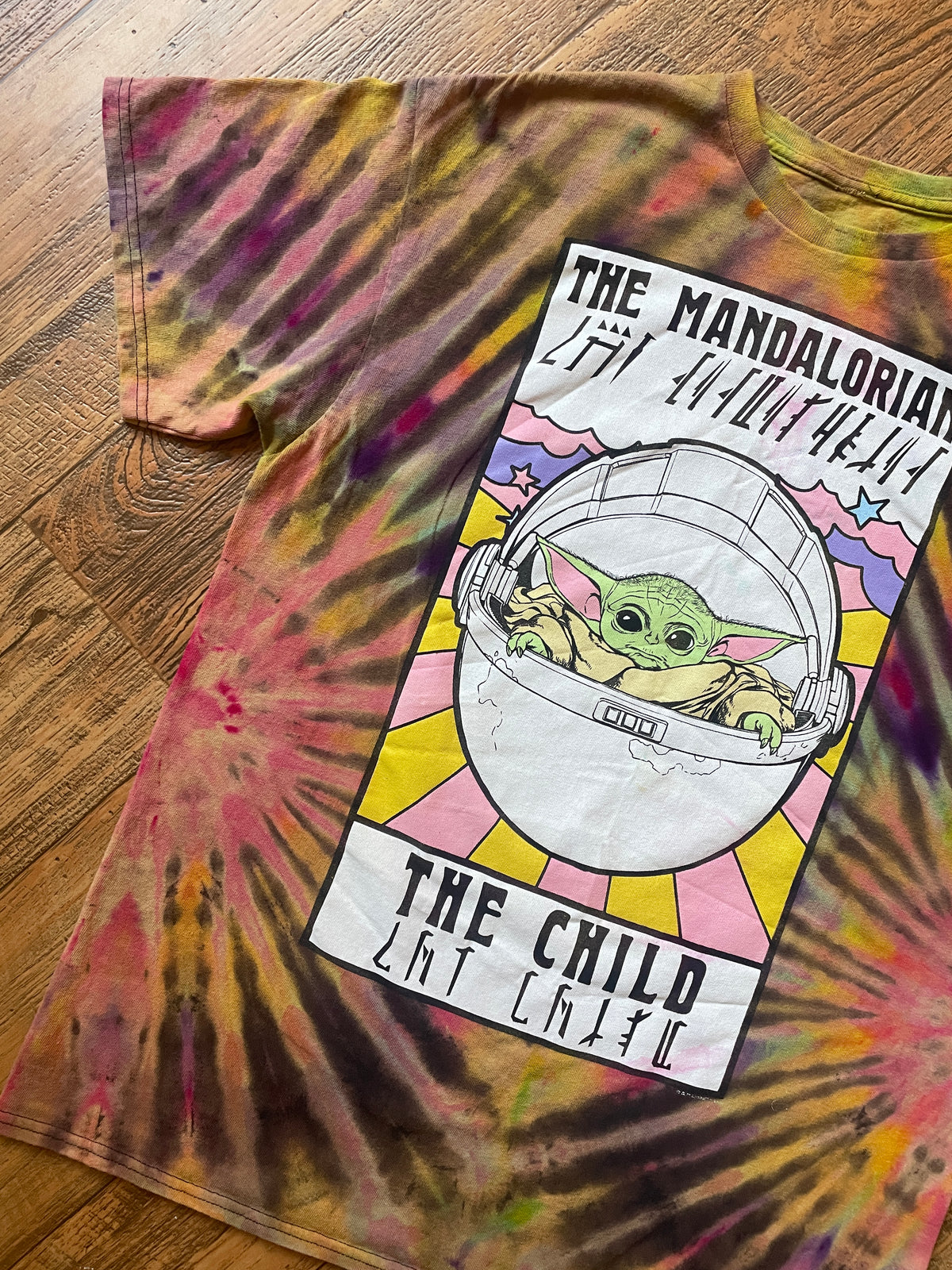 Star Wars The Mandalorian The Child Neon Rainbow Tie Dye Short Sleeve T-Shirt | Men's Large