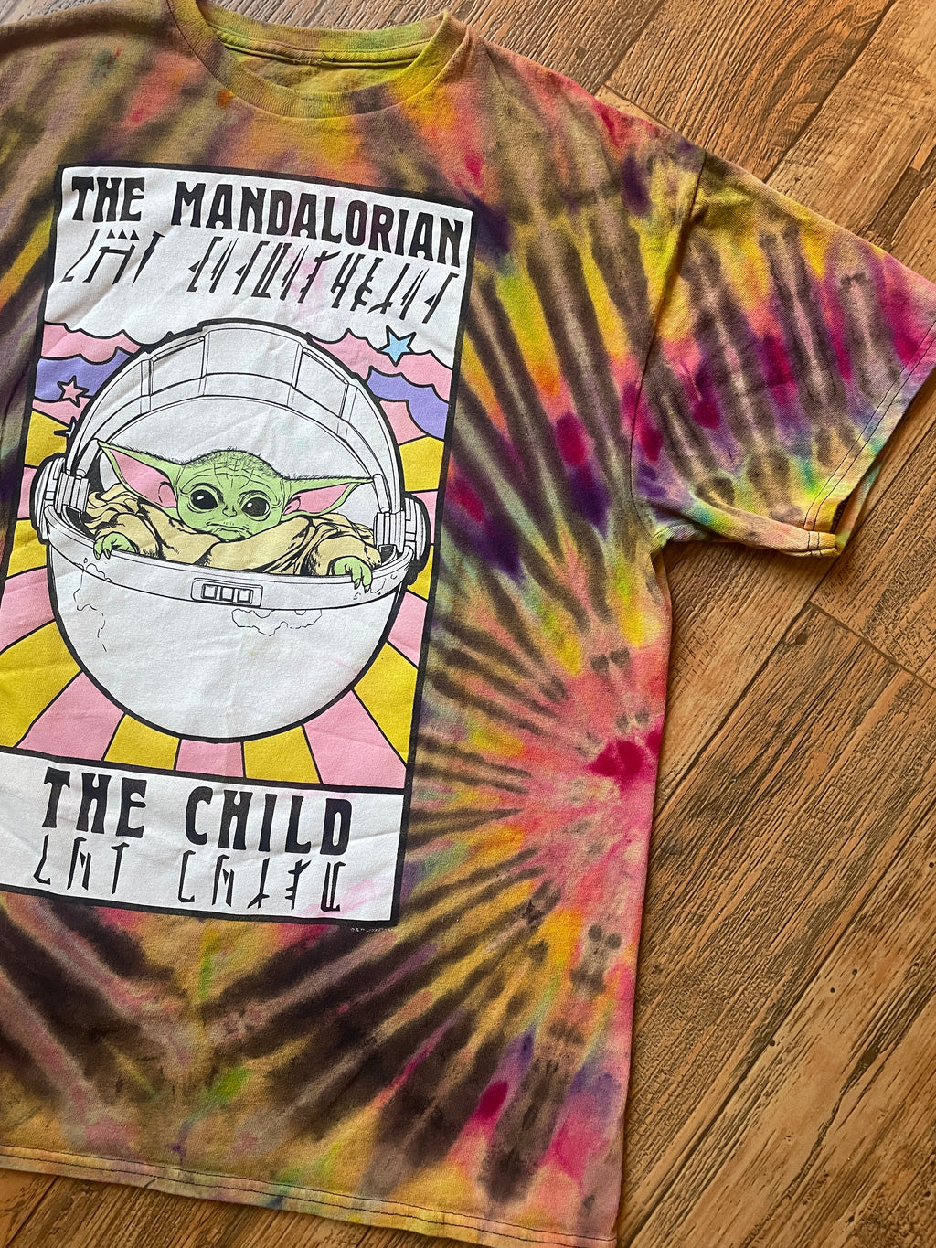Star Wars The Mandalorian The Child Neon Rainbow Tie Dye Short Sleeve T-Shirt | Men's Large