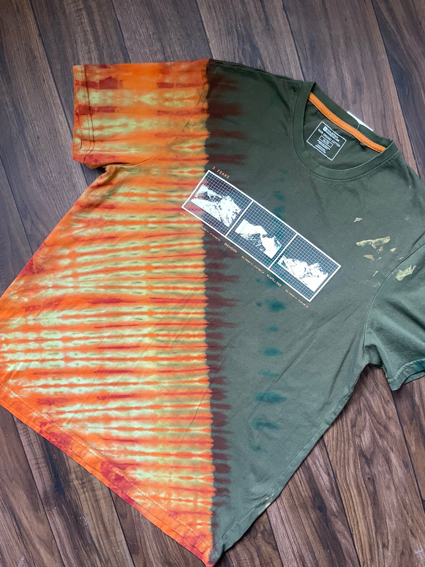 Medium Men's Scott Sports Handmade Reverse Tie Dye Short Sleeve T-Shirt | One-Of-a-Kind Upcycled Olive Green and Orange Top