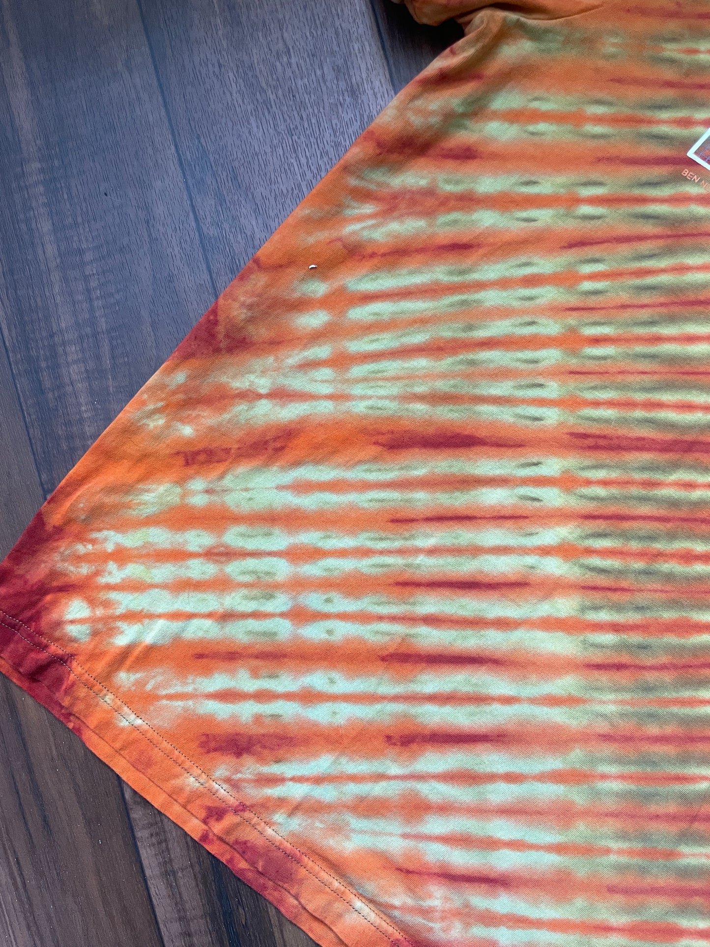 Medium Men's Scott Sports Handmade Reverse Tie Dye Short Sleeve T-Shirt | One-Of-a-Kind Upcycled Olive Green and Orange Top