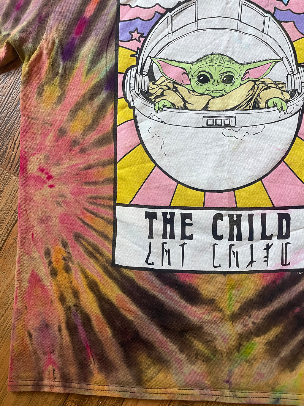 Star Wars The Mandalorian The Child Neon Rainbow Tie Dye Short Sleeve T-Shirt | Men's Large