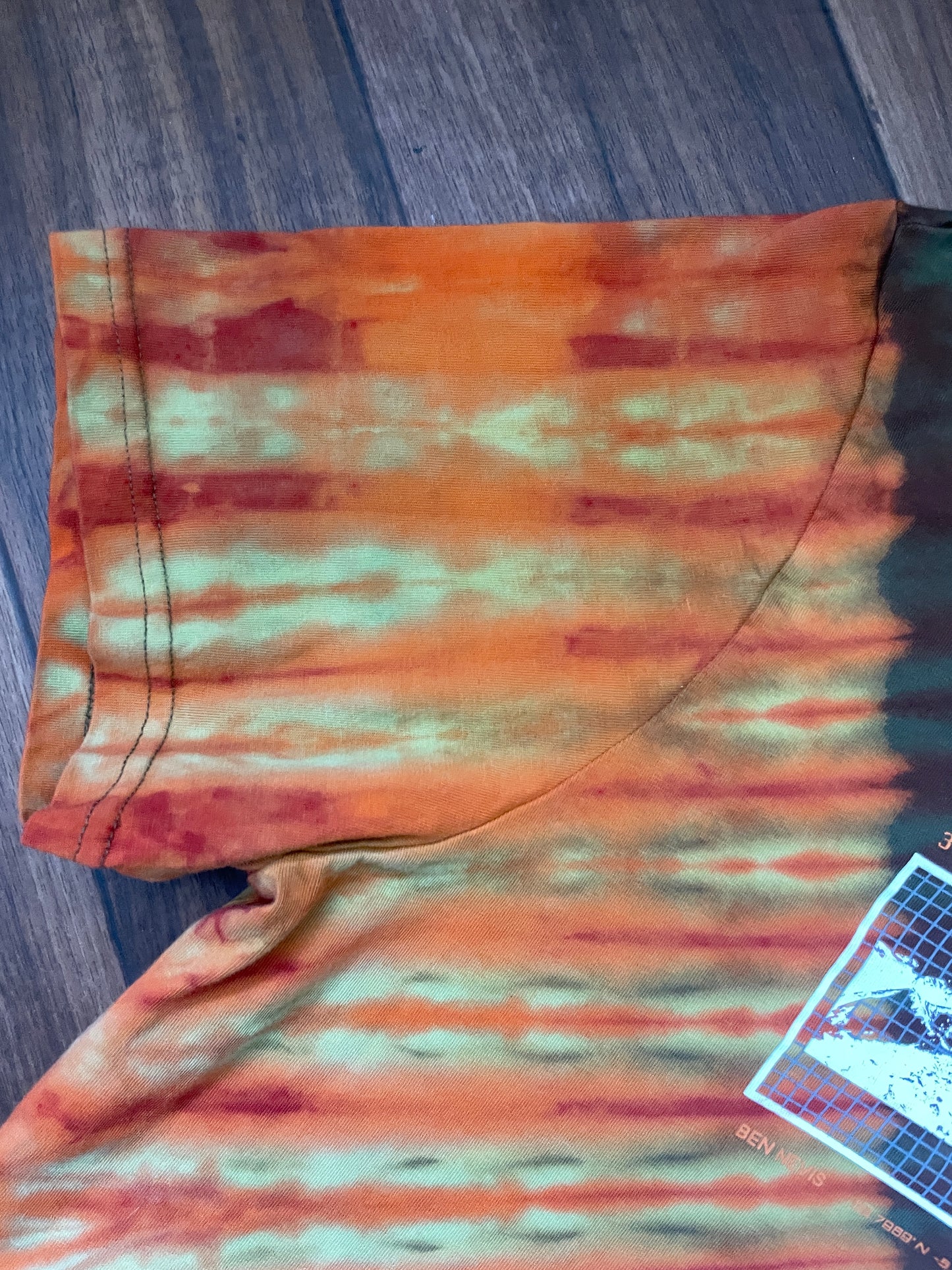 Medium Men's Scott Sports Handmade Reverse Tie Dye Short Sleeve T-Shirt | One-Of-a-Kind Upcycled Olive Green and Orange Top