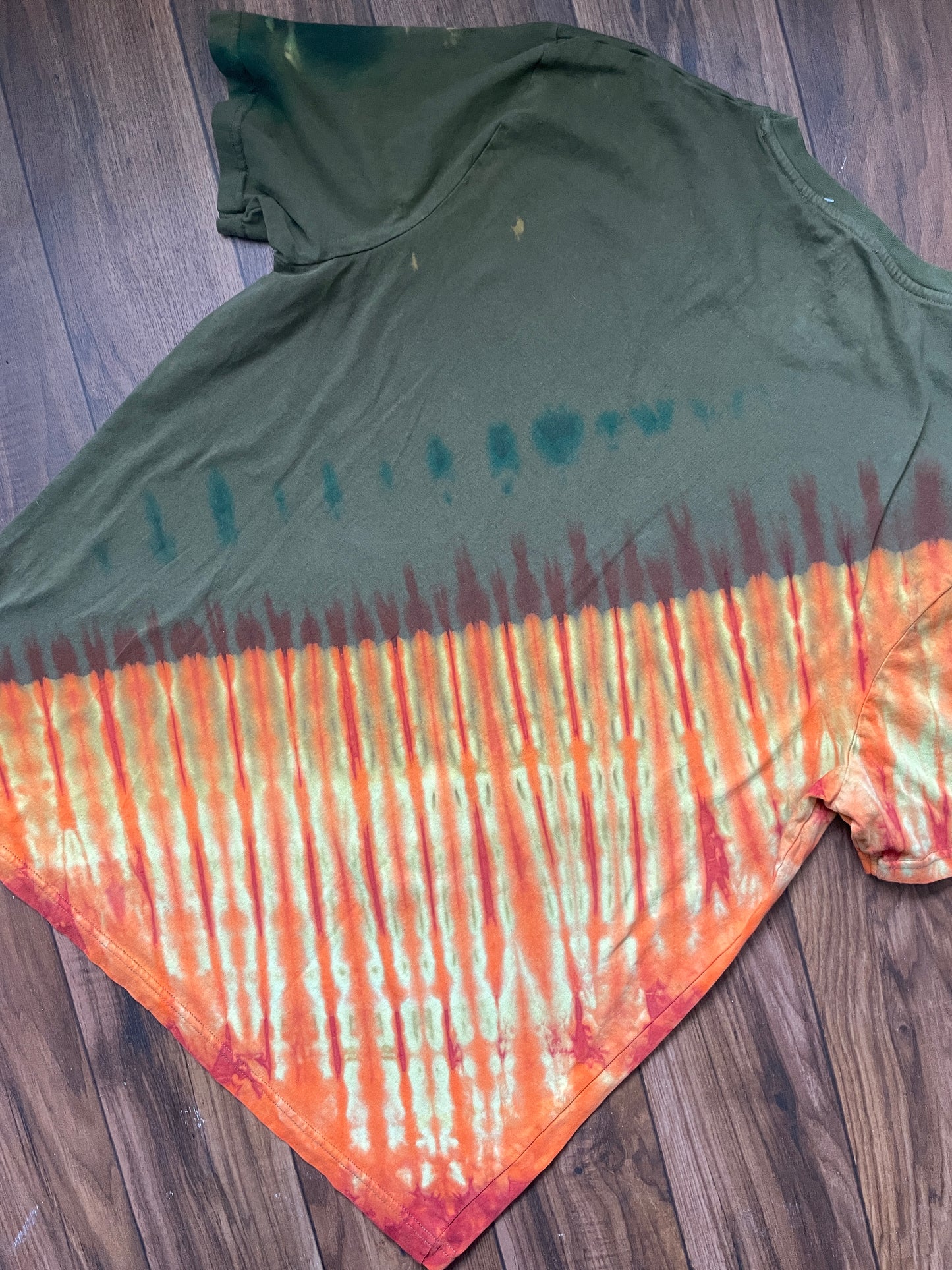 Medium Men's Scott Sports Handmade Reverse Tie Dye Short Sleeve T-Shirt | One-Of-a-Kind Upcycled Olive Green and Orange Top