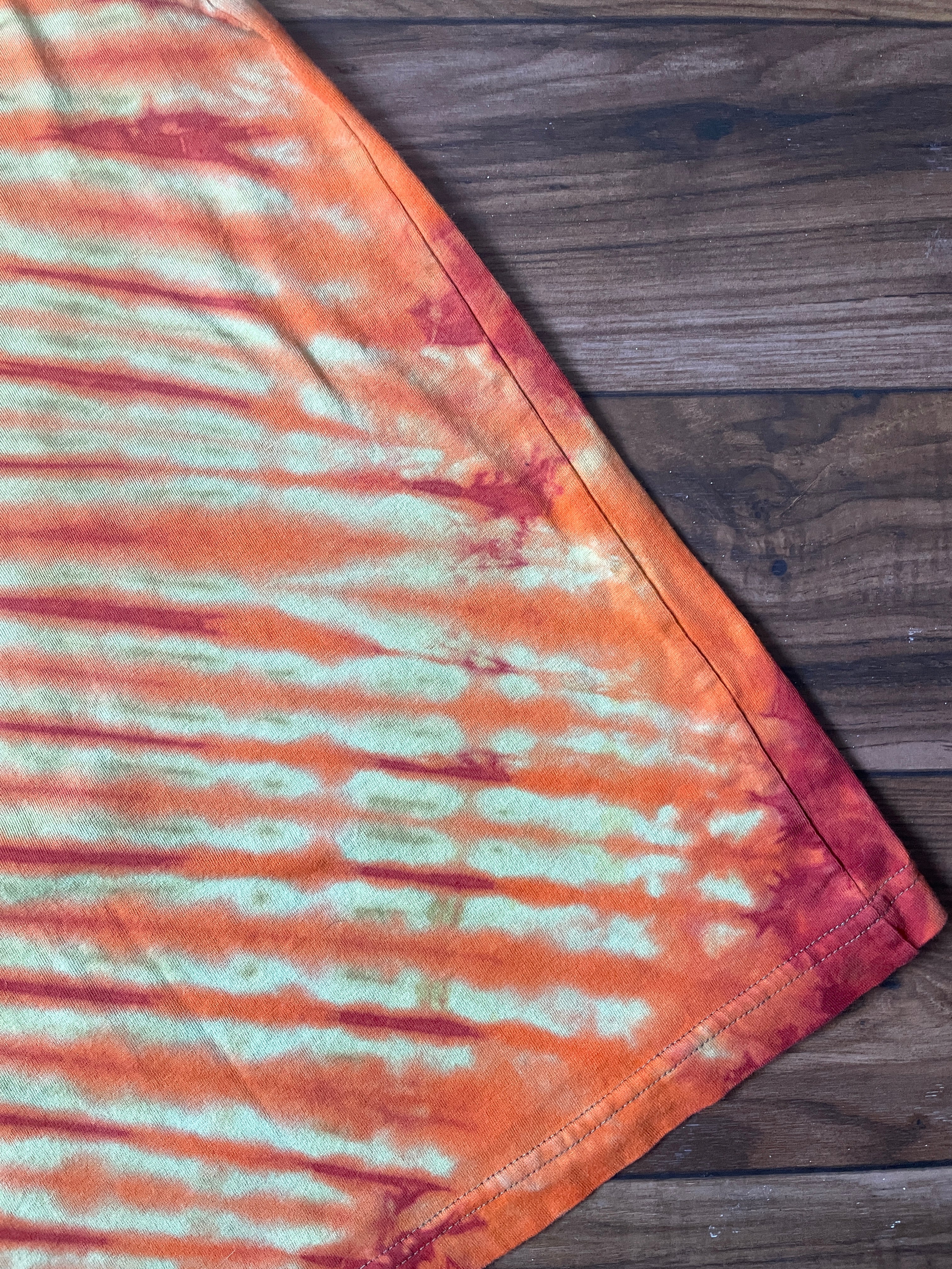 Medium Men's Scott Sports Handmade Reverse Tie Dye Short Sleeve T-Shirt | One-Of-a-Kind Upcycled Olive Green and Orange Top