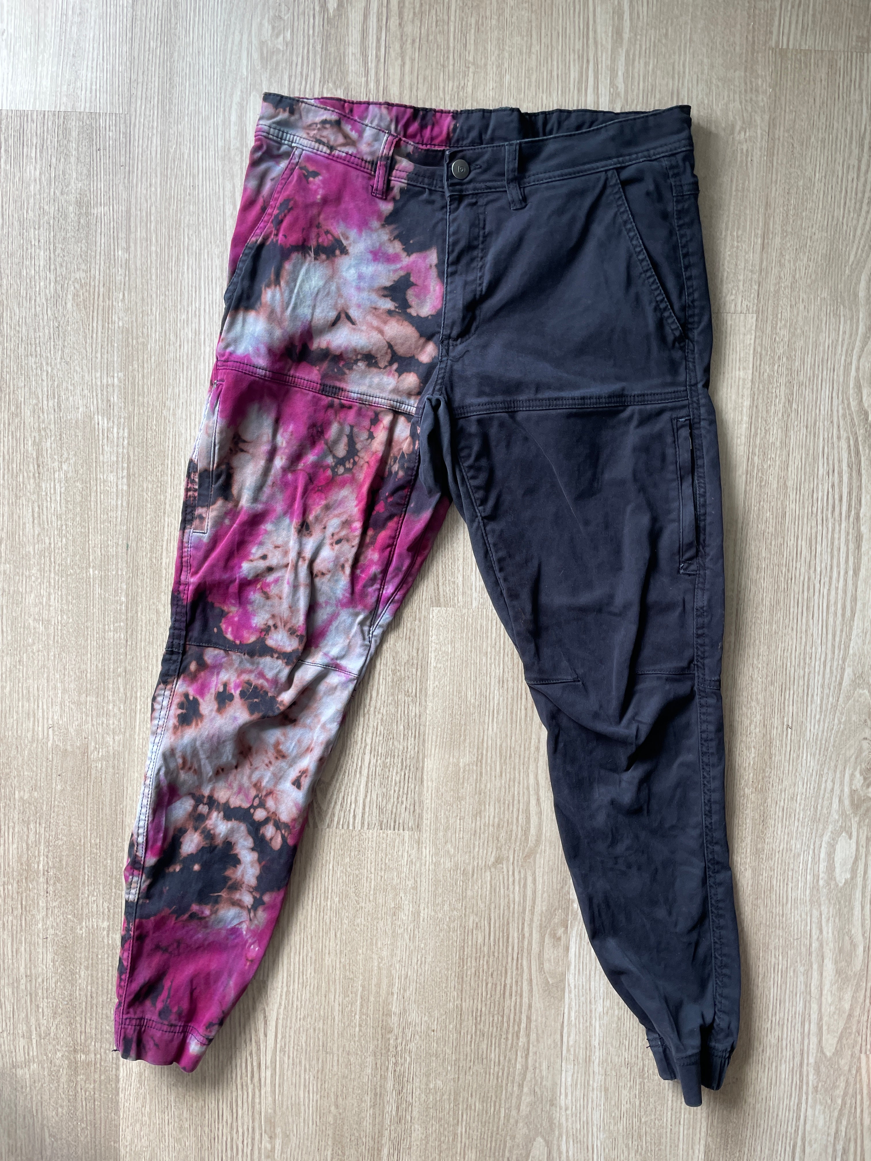 Men’s Size 30 tentree In Motion Tie Dye Jogger Pants | One-Of-a-Kind Upcycled Black and Pink Crumpled Climbing Pants