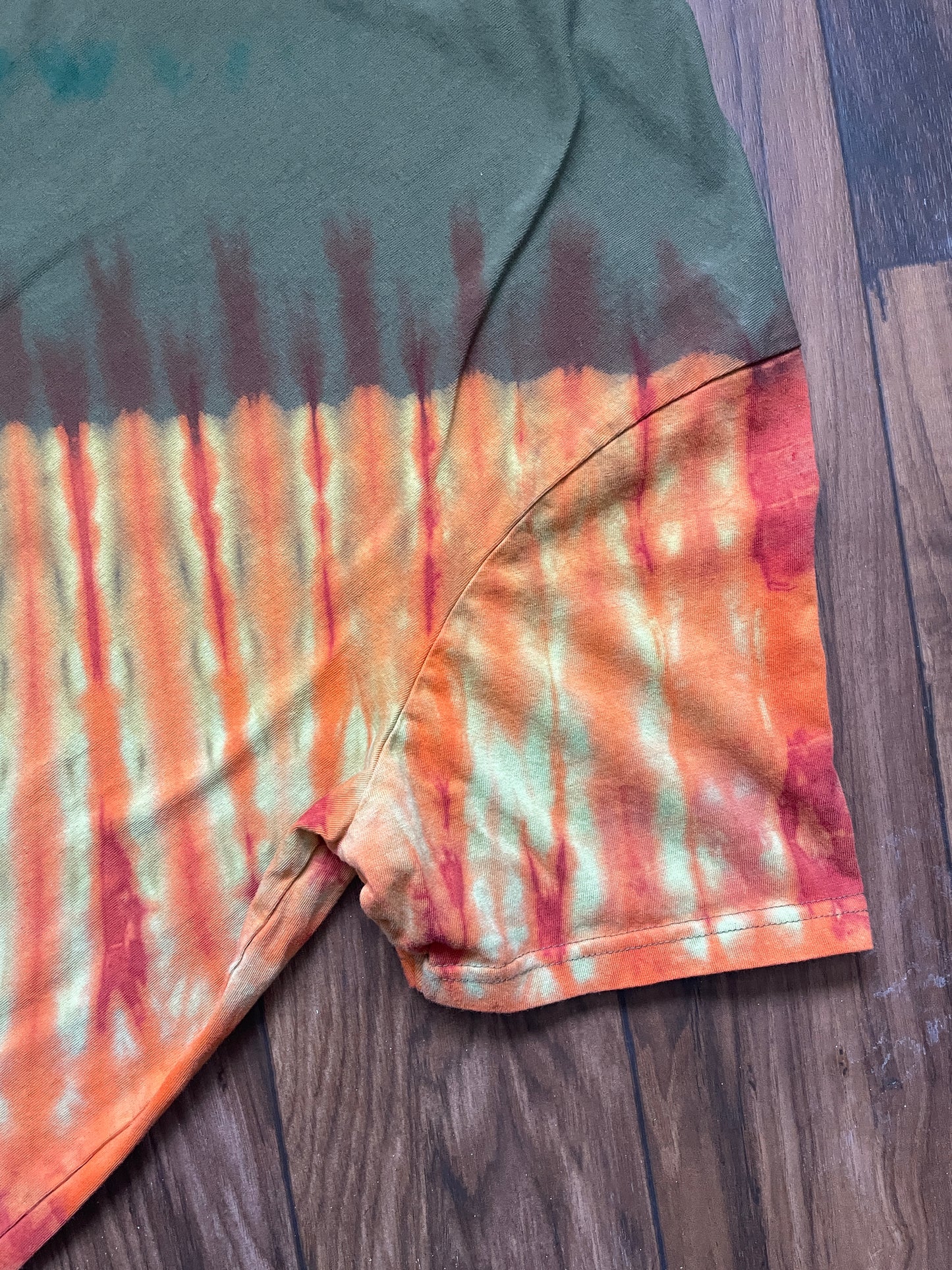 Medium Men's Scott Sports Handmade Reverse Tie Dye Short Sleeve T-Shirt | One-Of-a-Kind Upcycled Olive Green and Orange Top