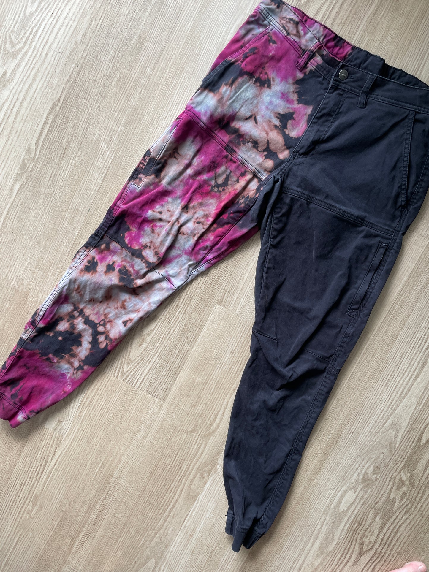 Men’s Size 30 tentree In Motion Tie Dye Jogger Pants | One-Of-a-Kind Upcycled Black and Pink Crumpled Climbing Pants
