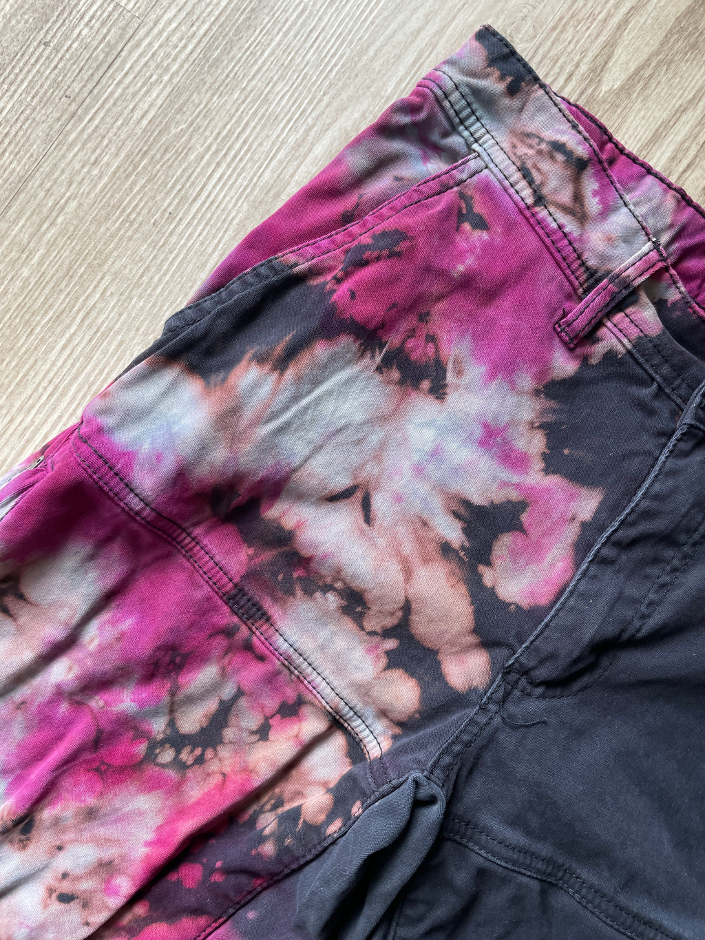 Men’s Size 30 tentree In Motion Tie Dye Jogger Pants | One-Of-a-Kind Upcycled Black and Pink Crumpled Climbing Pants