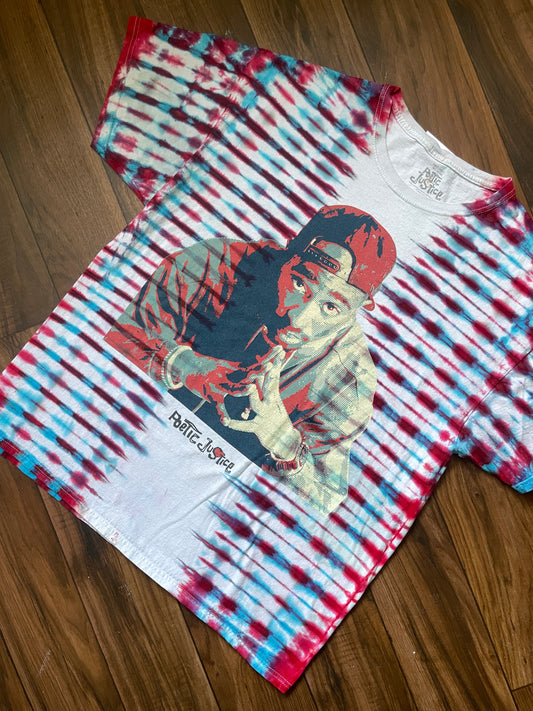 XL Men's Tupac Shakur Poetic Justice Handmade Tie Dye Short Sleeve T-Shirt | One-Of-a-Kind Upcycled Olive White, Blue, and Red Pleated Top