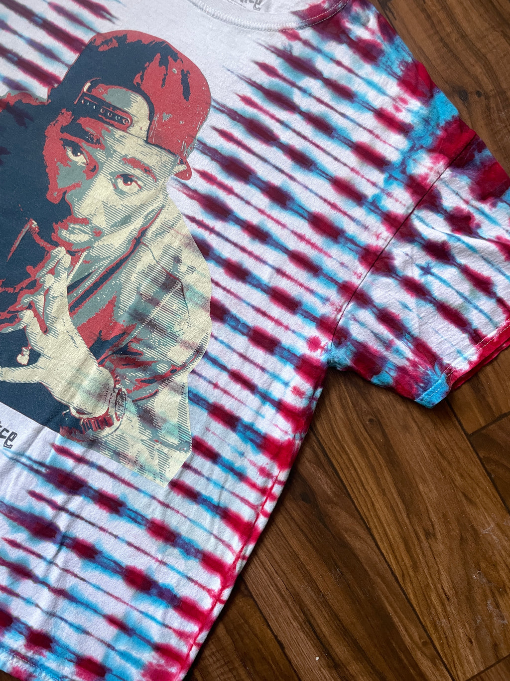 XL Men's Tupac Shakur Poetic Justice Handmade Tie Dye Short Sleeve T-Shirt | One-Of-a-Kind Upcycled Olive White, Blue, and Red Pleated Top
