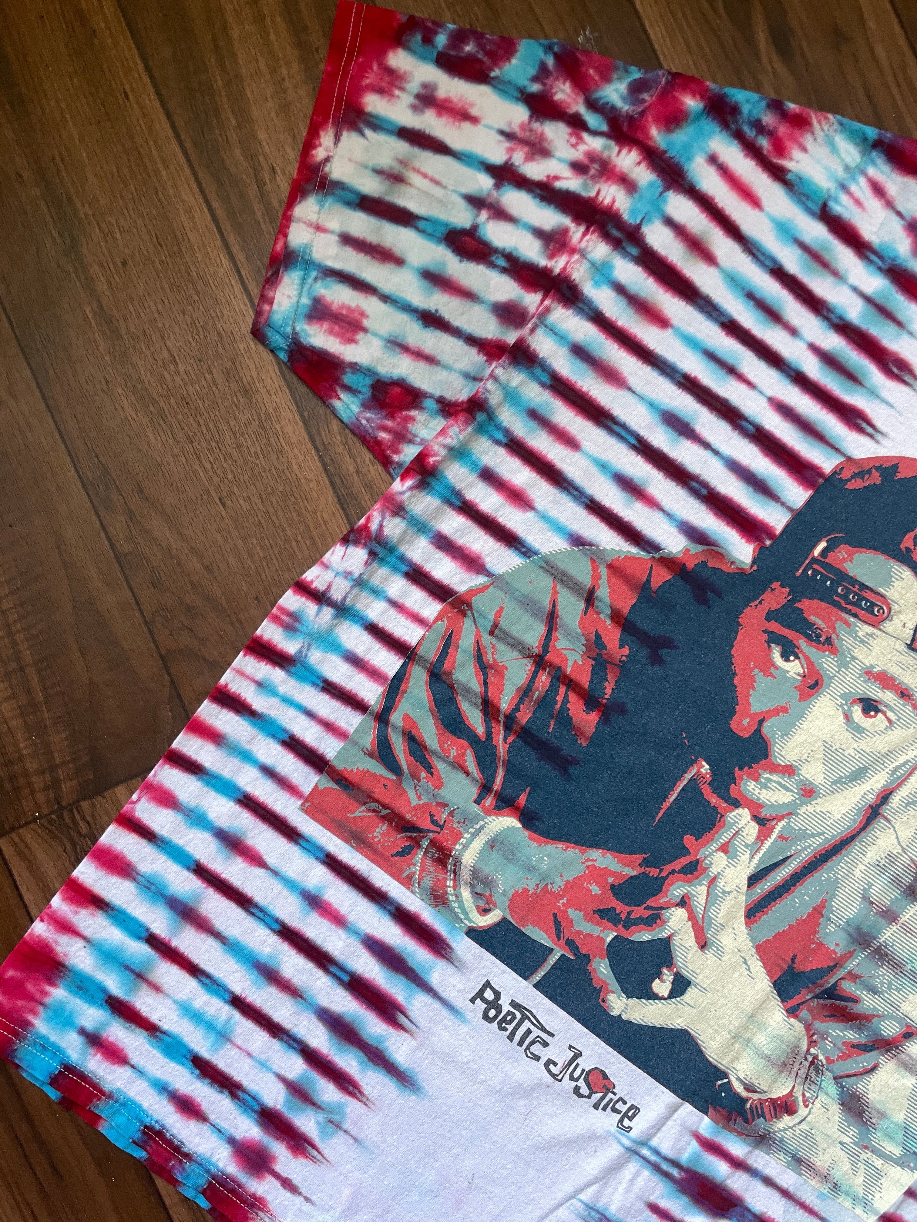 XL Men's Tupac Shakur Poetic Justice Handmade Tie Dye Short Sleeve T-Shirt | One-Of-a-Kind Upcycled Olive White, Blue, and Red Pleated Top