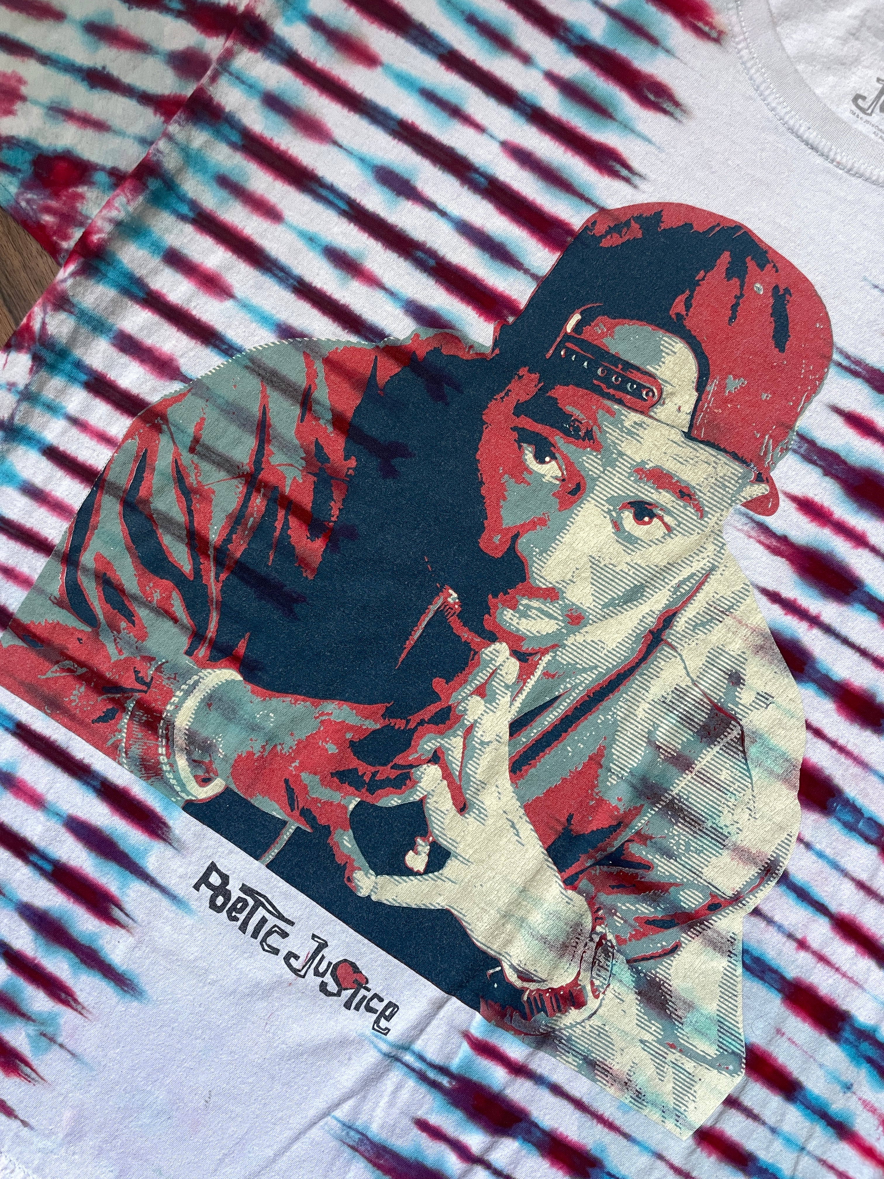 XL Men's Tupac Shakur Poetic Justice Handmade Tie Dye Short Sleeve T-Shirt | One-Of-a-Kind Upcycled Olive White, Blue, and Red Pleated Top