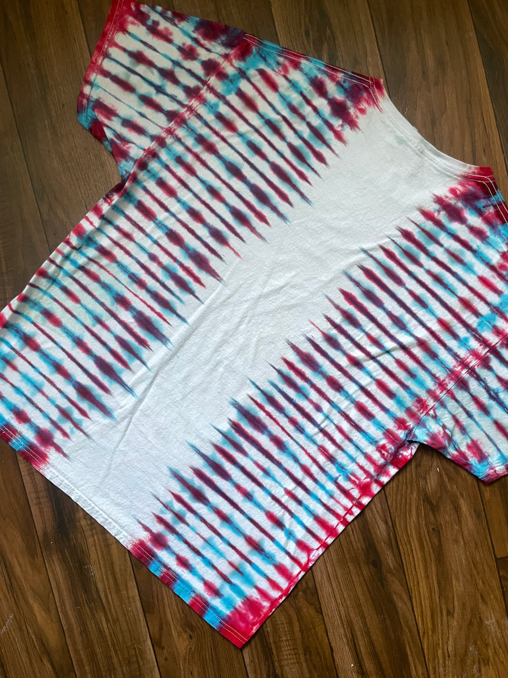 XL Men's Tupac Shakur Poetic Justice Handmade Tie Dye Short Sleeve T-Shirt | One-Of-a-Kind Upcycled Olive White, Blue, and Red Pleated Top