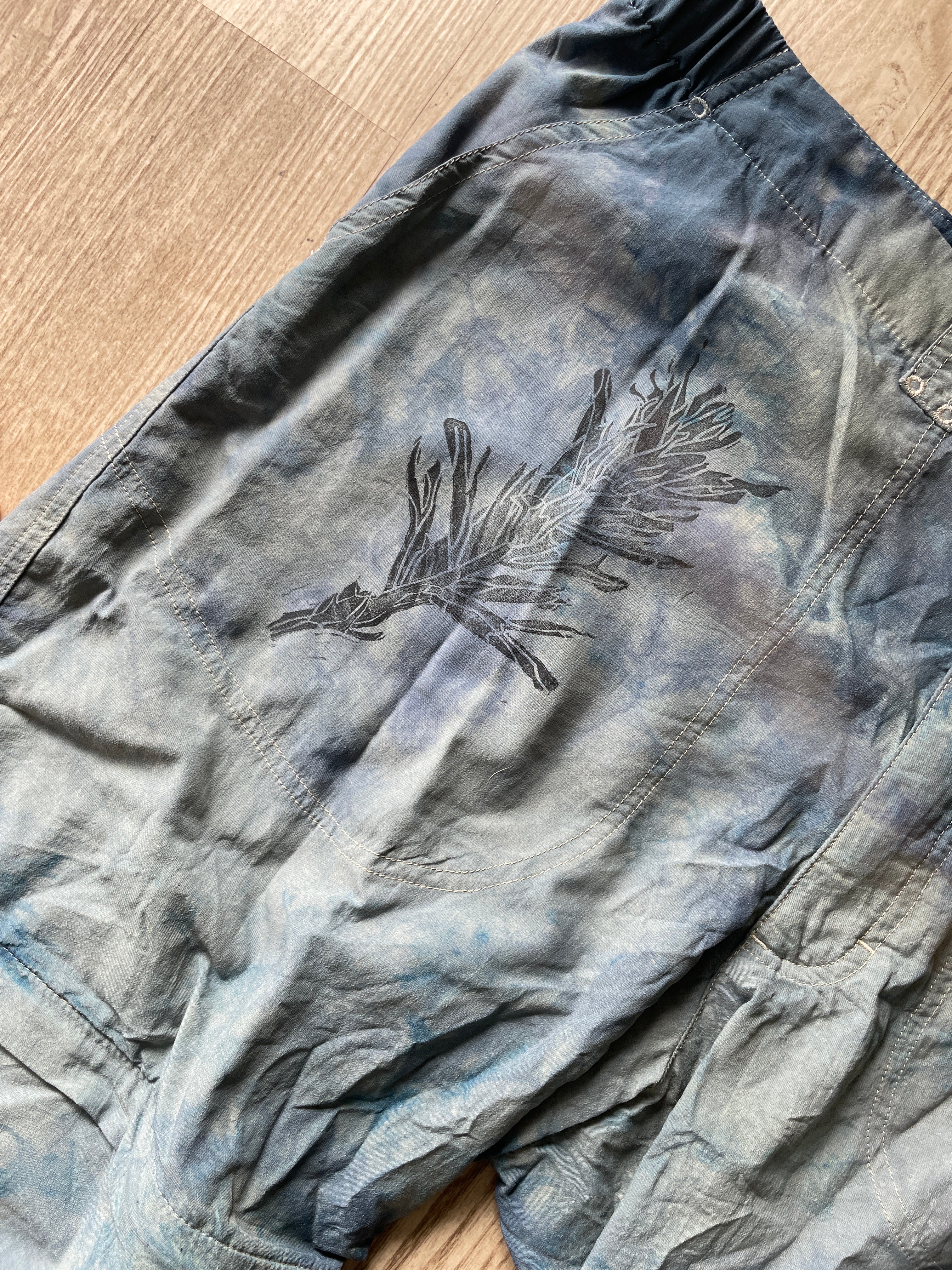 XL Men’s Patagonia Quandary Convertible Tie Dye Pants with Handprinted Graphics | One-Of-a-Kind Upcycled Blue and Gray Crumpled Pant/Short Combo