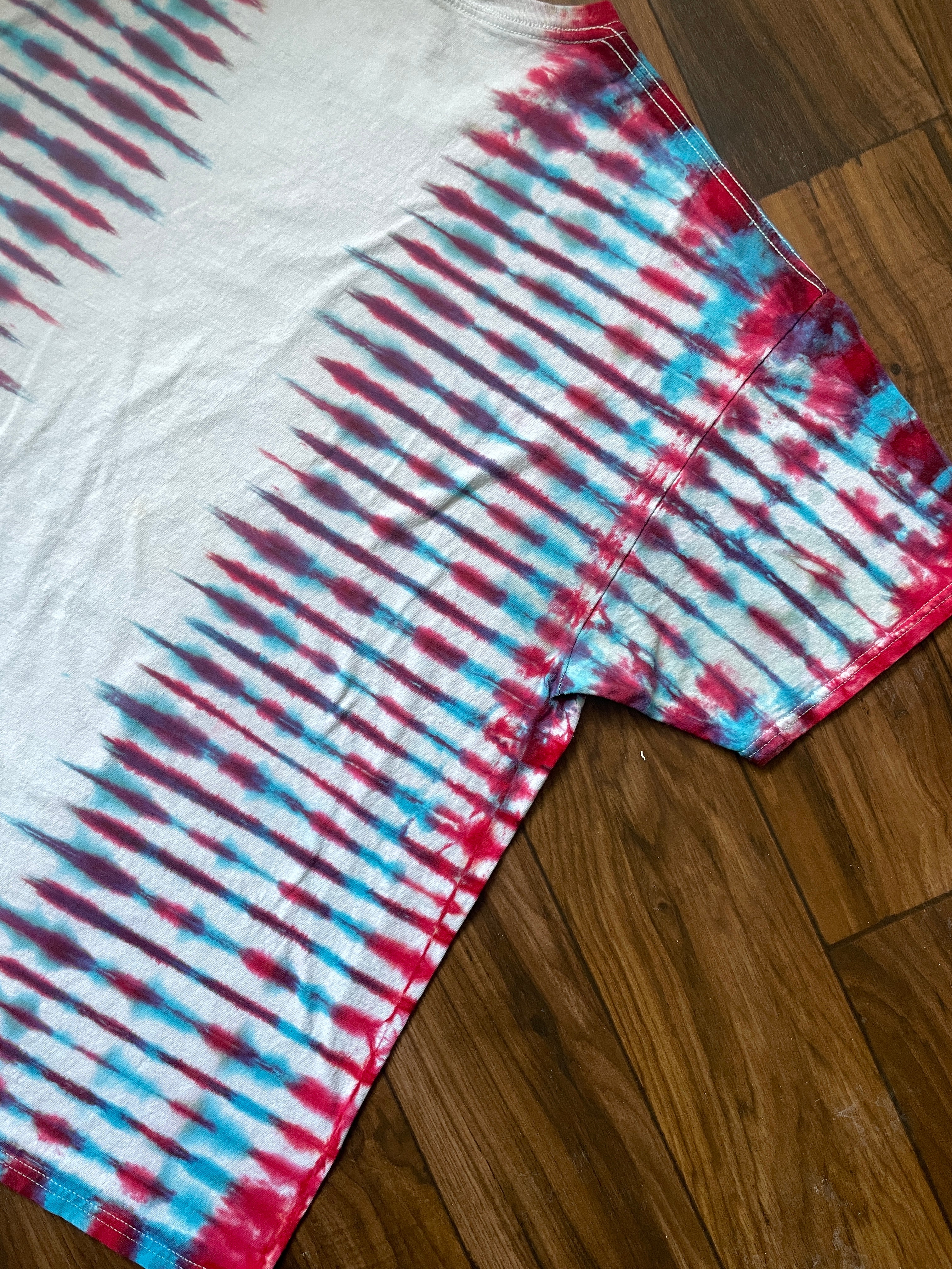 XL Men's Tupac Shakur Poetic Justice Handmade Tie Dye Short Sleeve T-Shirt | One-Of-a-Kind Upcycled Olive White, Blue, and Red Pleated Top