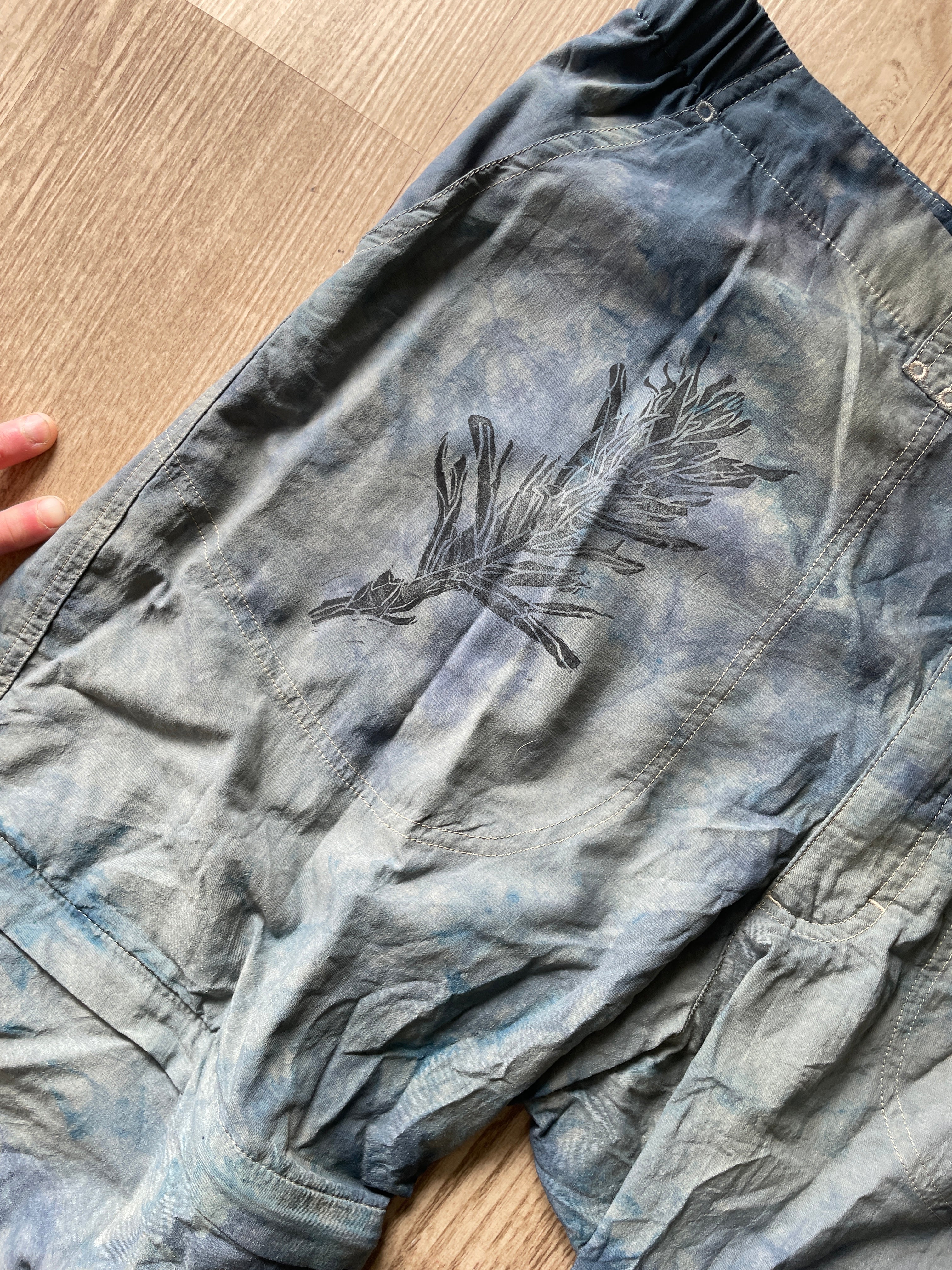 XL Men’s Patagonia Quandary Convertible Tie Dye Pants with Handprinted Graphics | One-Of-a-Kind Upcycled Blue and Gray Crumpled Pant/Short Combo