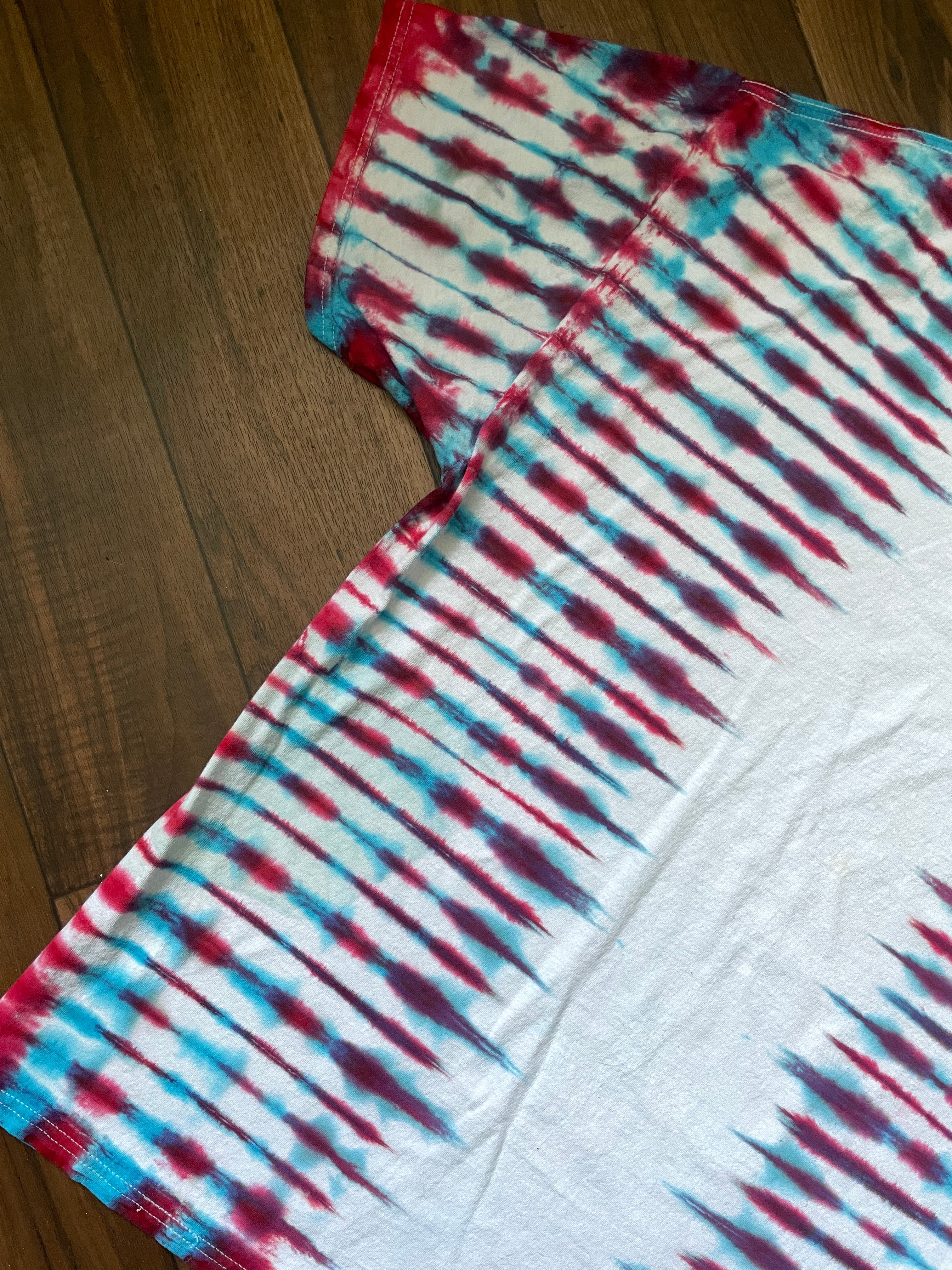 XL Men's Tupac Shakur Poetic Justice Handmade Tie Dye Short Sleeve T-Shirt | One-Of-a-Kind Upcycled Olive White, Blue, and Red Pleated Top