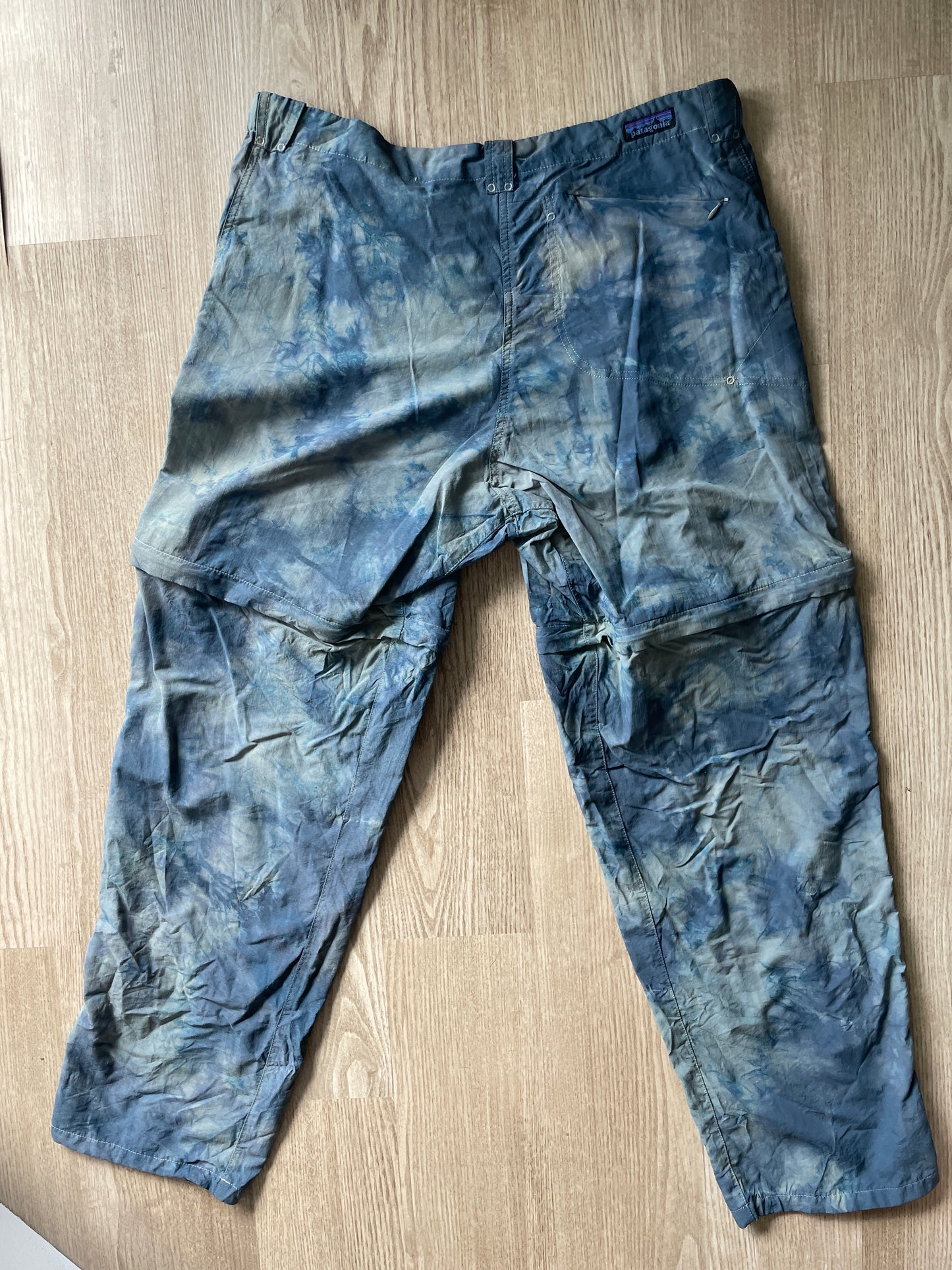 XL Men’s Patagonia Quandary Convertible Tie Dye Pants with Handprinted Graphics | One-Of-a-Kind Upcycled Blue and Gray Crumpled Pant/Short Combo