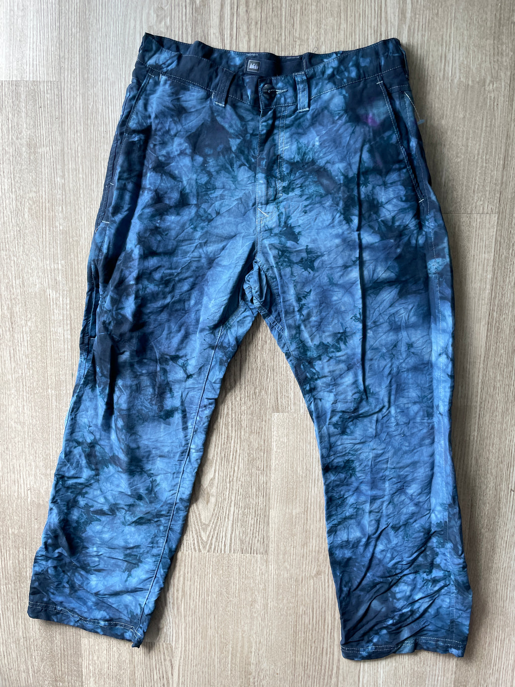 Unisex Tie Dye REI Climbing Pants | One-Of-a-Kind Upcycled Black and Gray Crumpled Pants