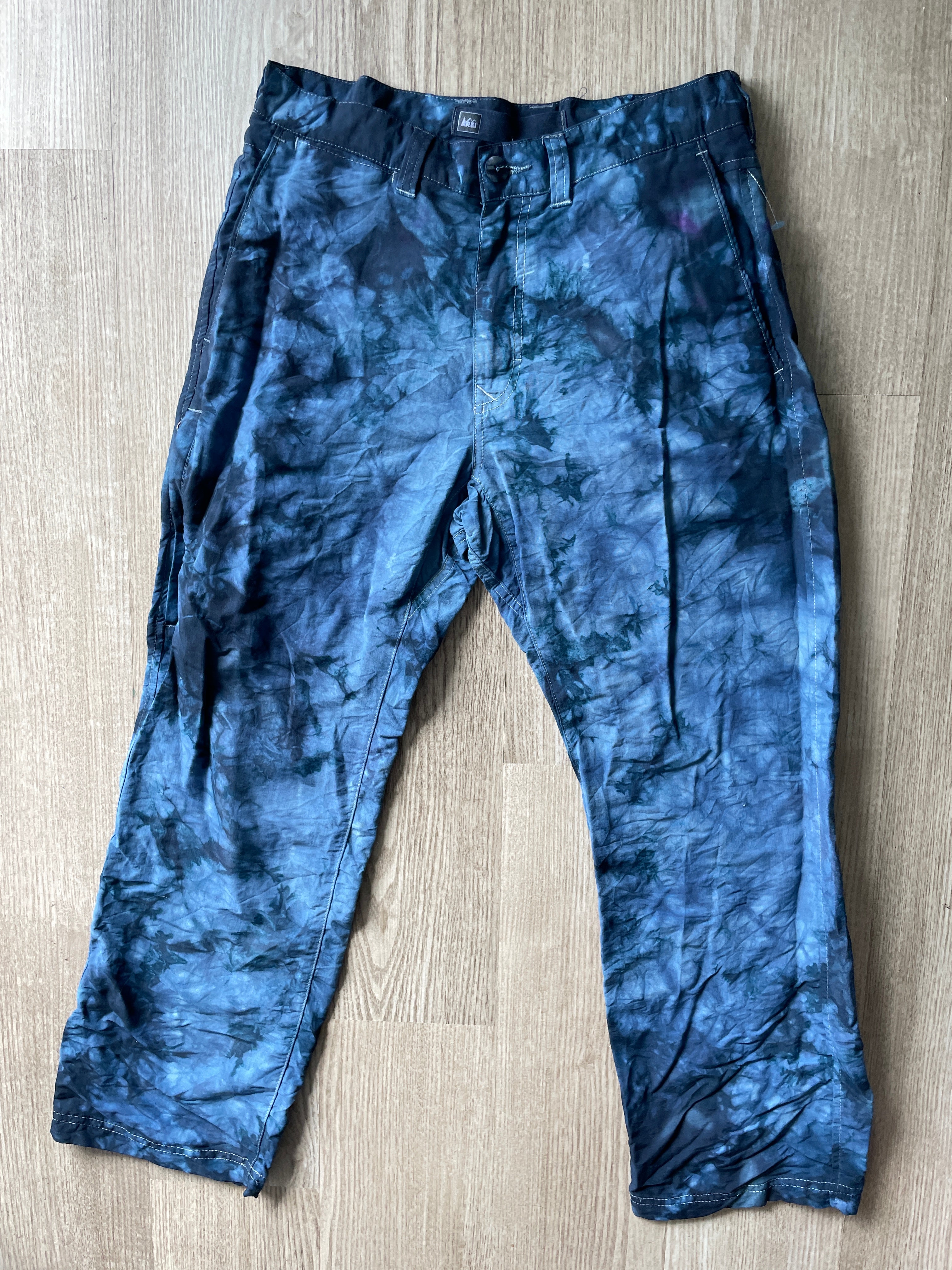 Unisex Tie Dye REI Climbing Pants | One-Of-a-Kind Upcycled Black and Gray Crumpled Pants