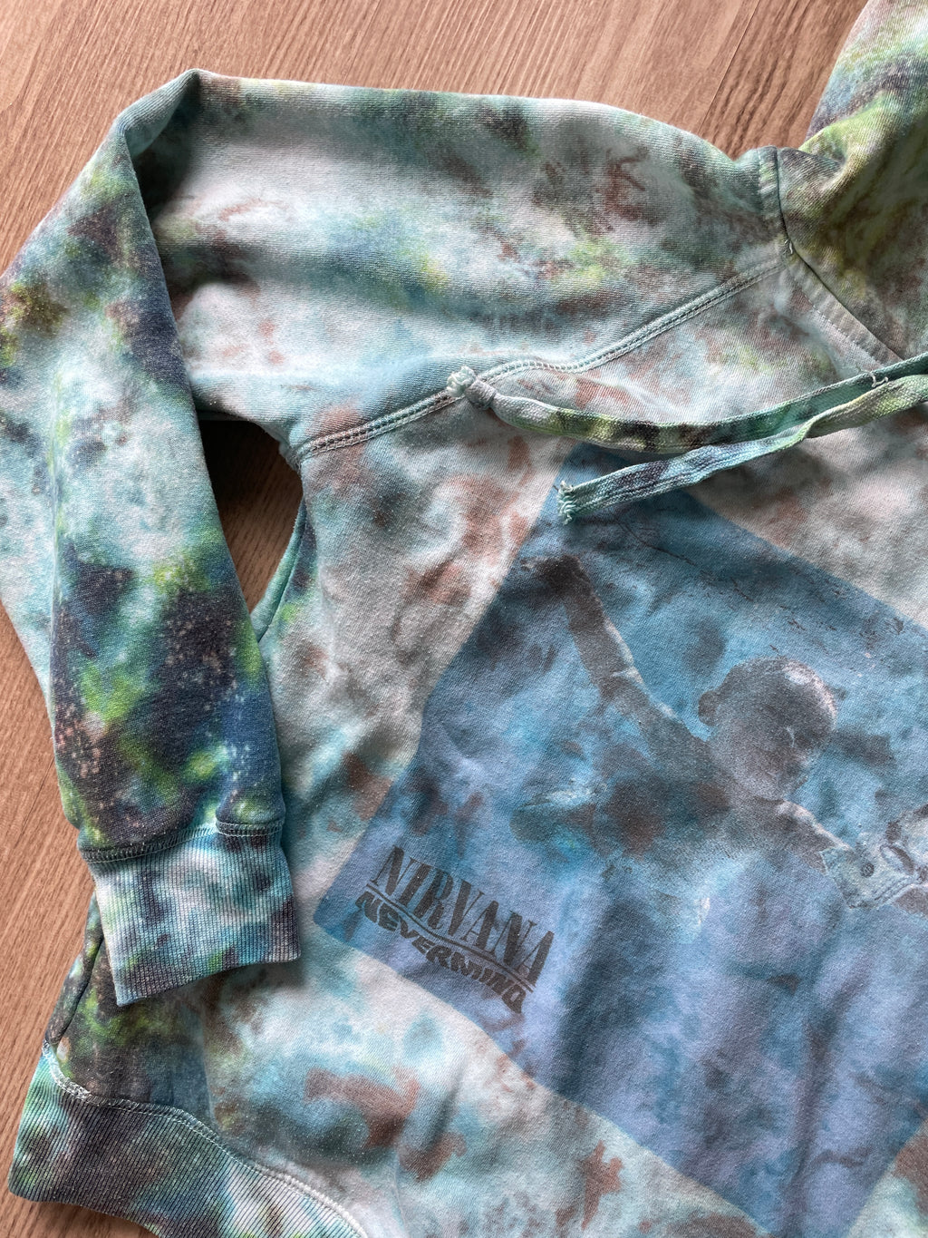 SMALL Unisex Nirvana Nevermind Galaxy Tie Dye Sweatshirt | One-Of-a-Kind Green and Blue Long Sleeve Hoodie