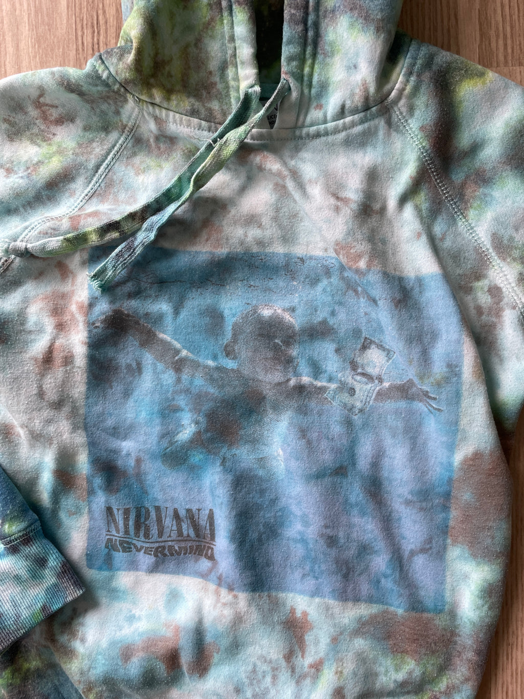 SMALL Unisex Nirvana Nevermind Galaxy Tie Dye Sweatshirt | One-Of-a-Kind Green and Blue Long Sleeve Hoodie