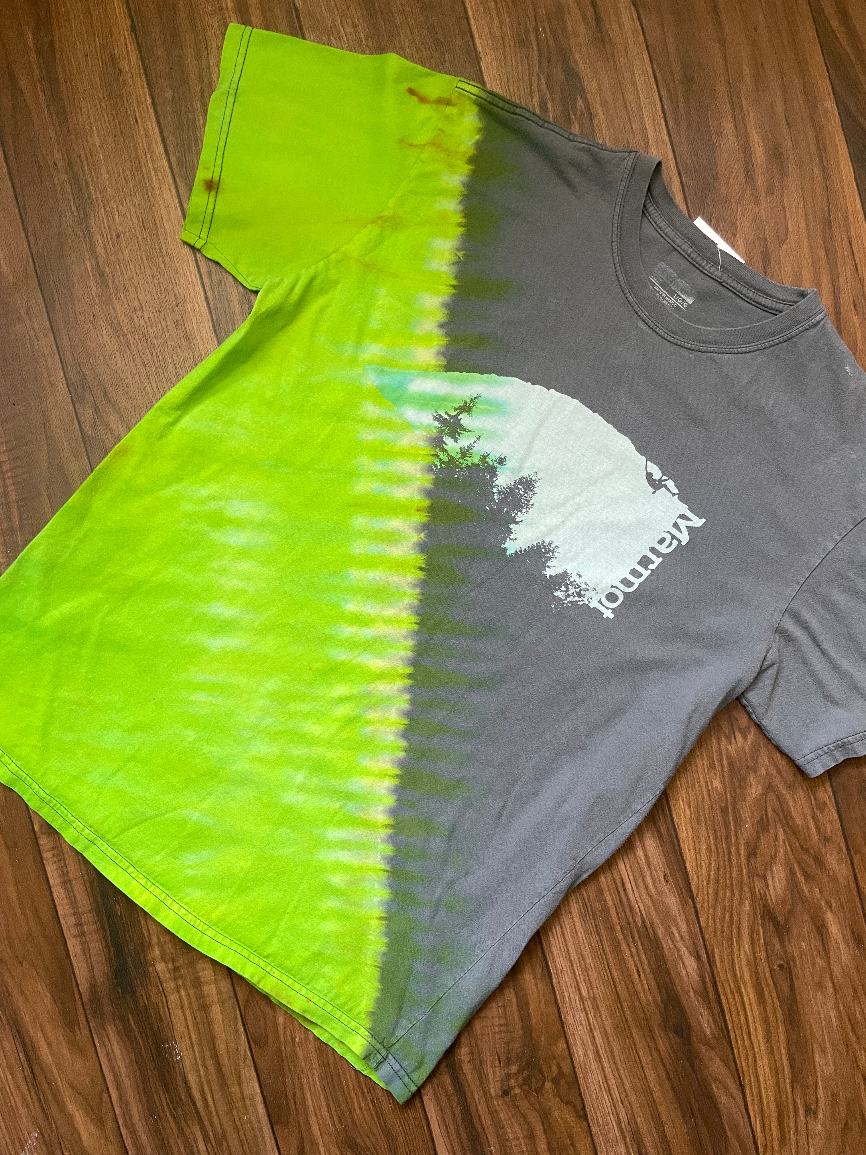 Large Men's Marmot Rock Climber Handmade Reverse Tie Dye Short Sleeve T-Shirt | One-Of-a-Kind Upcycled Gray and Green Top