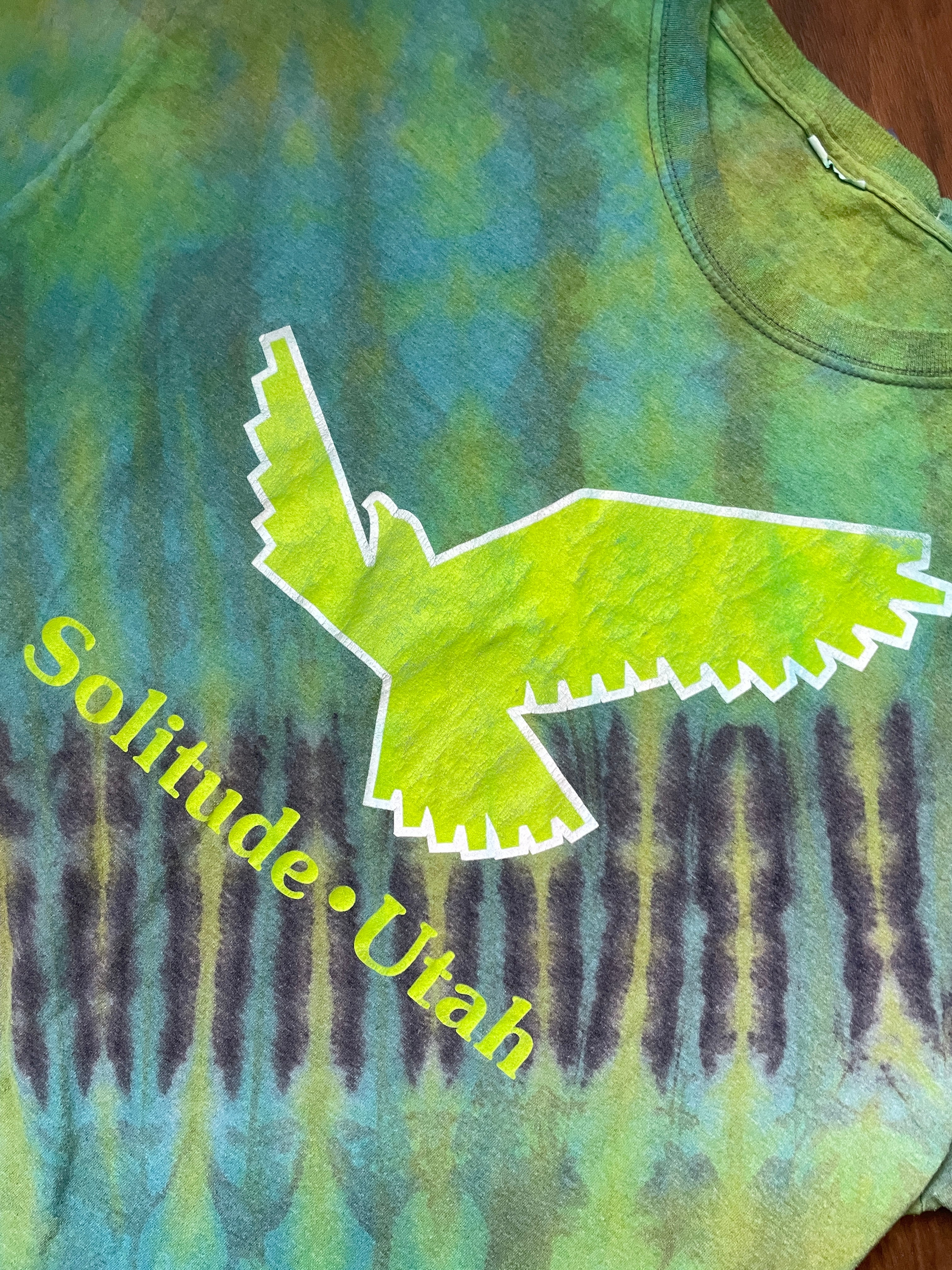 Large Men's Solitude Utah Handmade Reverse Tie Dye Short Sleeve T-Shirt | One-Of-a-Kind Upcycled Gray and Green Top