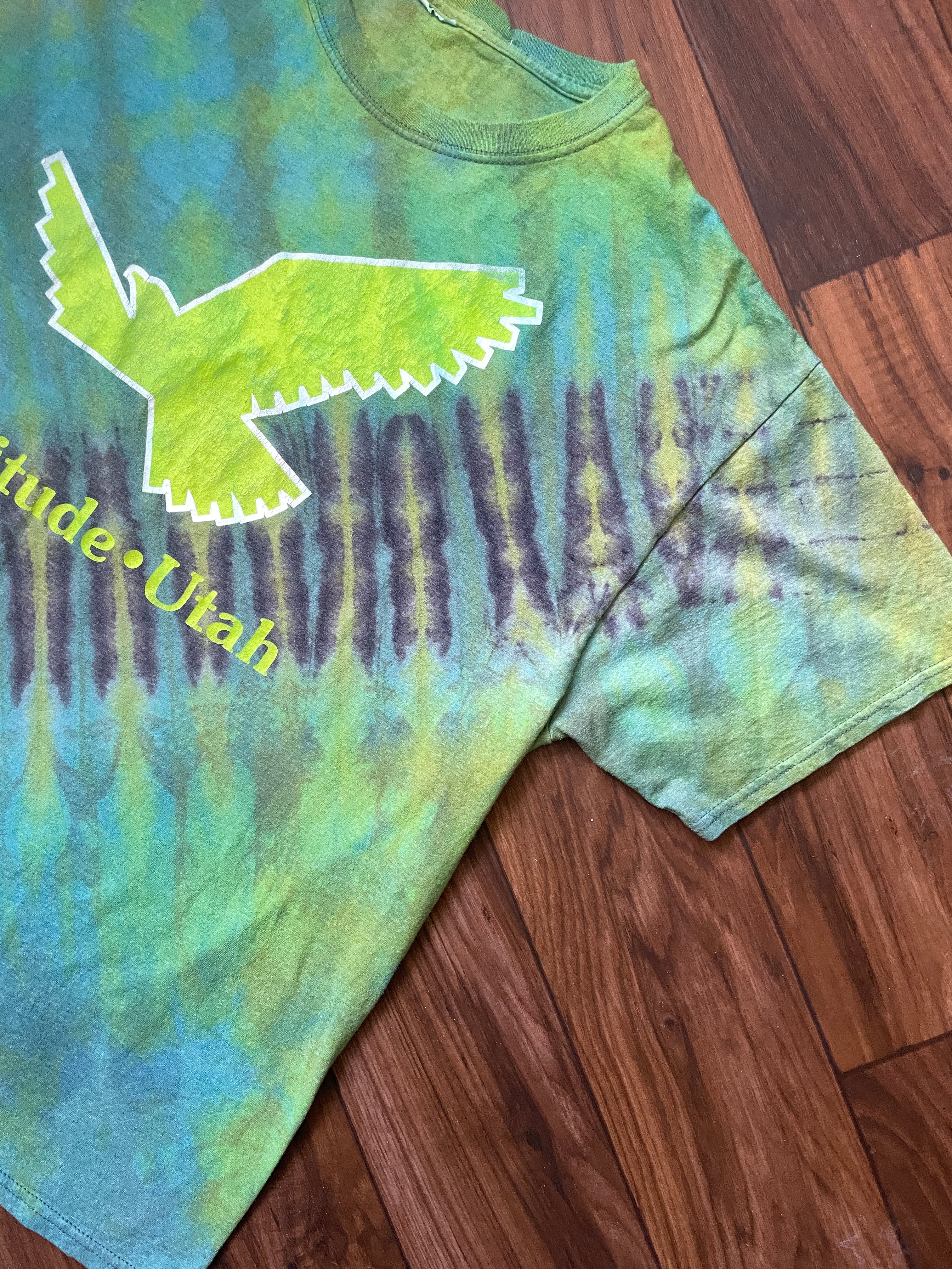 Large Men's Solitude Utah Handmade Reverse Tie Dye Short Sleeve T-Shirt | One-Of-a-Kind Upcycled Gray and Green Top