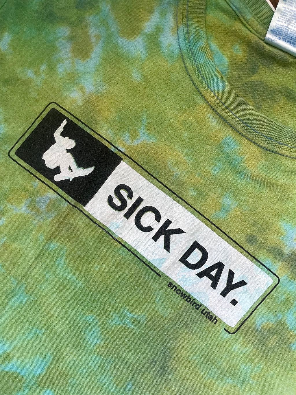 Large Men's Sick Day Snowboarding Handmade Reverse Tie Dye Short Sleeve T-Shirt | One-Of-a-Kind Upcycled Green Crumpled Top