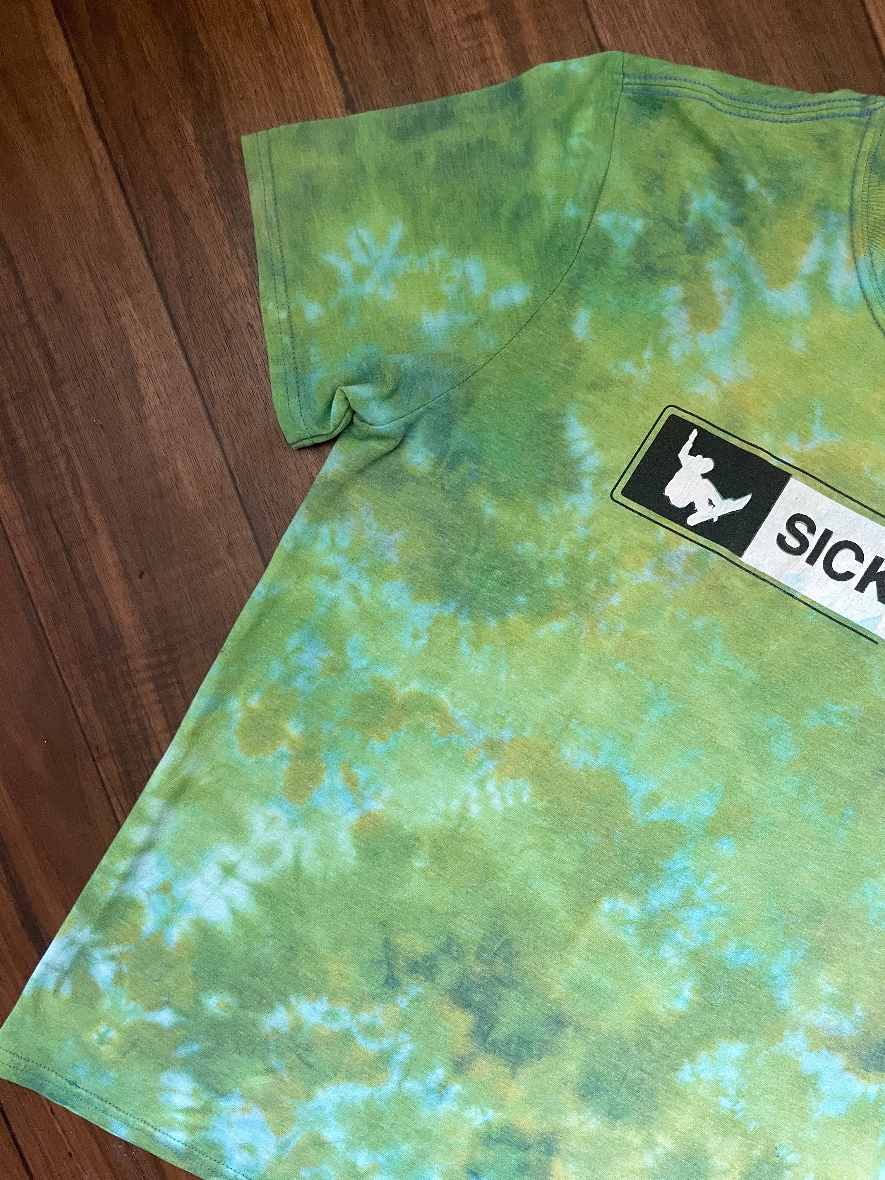 Large Men's Sick Day Snowboarding Handmade Reverse Tie Dye Short Sleeve T-Shirt | One-Of-a-Kind Upcycled Green Crumpled Top