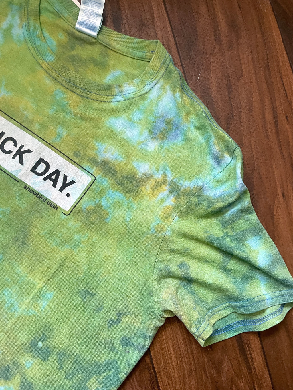 Large Men's Sick Day Snowboarding Handmade Reverse Tie Dye Short Sleeve T-Shirt | One-Of-a-Kind Upcycled Green Crumpled Top