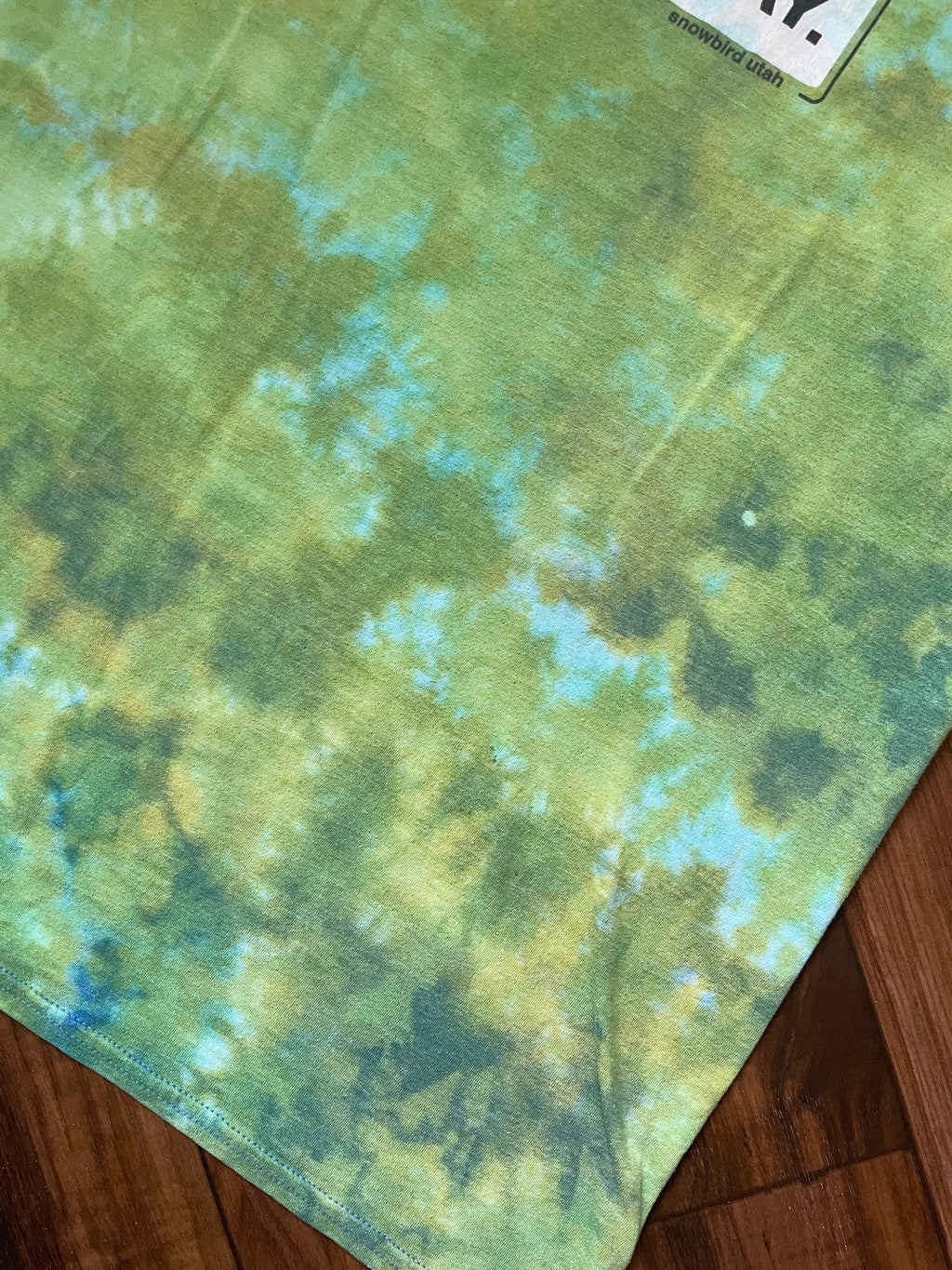 Large Men's Sick Day Snowboarding Handmade Reverse Tie Dye Short Sleeve T-Shirt | One-Of-a-Kind Upcycled Green Crumpled Top