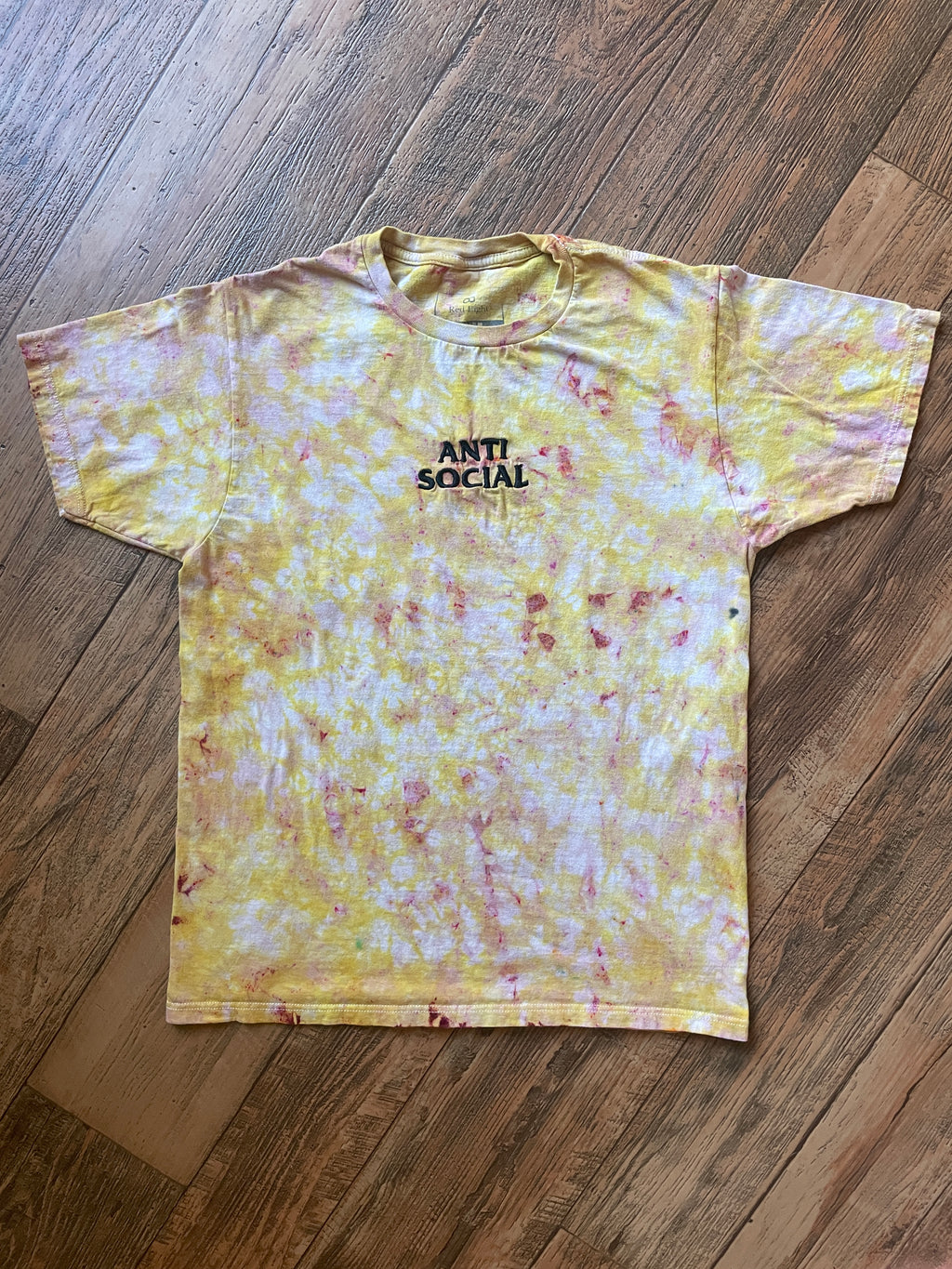 Anti-Social Embroidered Yellow and Pink Tie Dye Short Sleeve T-Shirt | Men's Medium