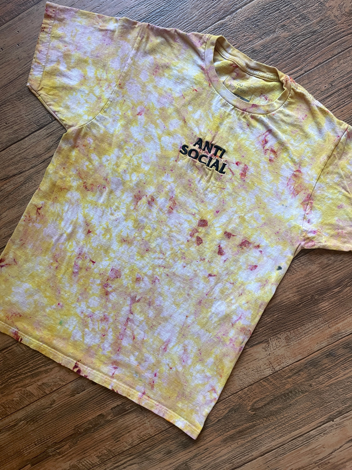 Anti-Social Embroidered Yellow and Pink Tie Dye Short Sleeve T-Shirt | Men's Medium