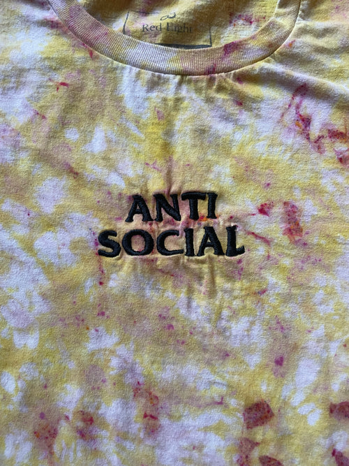 Anti-Social Embroidered Yellow and Pink Tie Dye Short Sleeve T-Shirt | Men's Medium