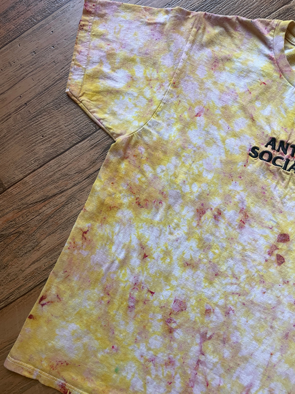 Anti-Social Embroidered Yellow and Pink Tie Dye Short Sleeve T-Shirt | Men's Medium