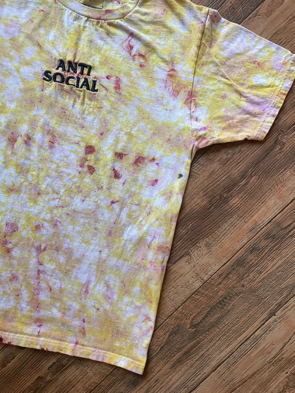 Anti-Social Embroidered Yellow and Pink Tie Dye Short Sleeve T-Shirt | Men's Medium