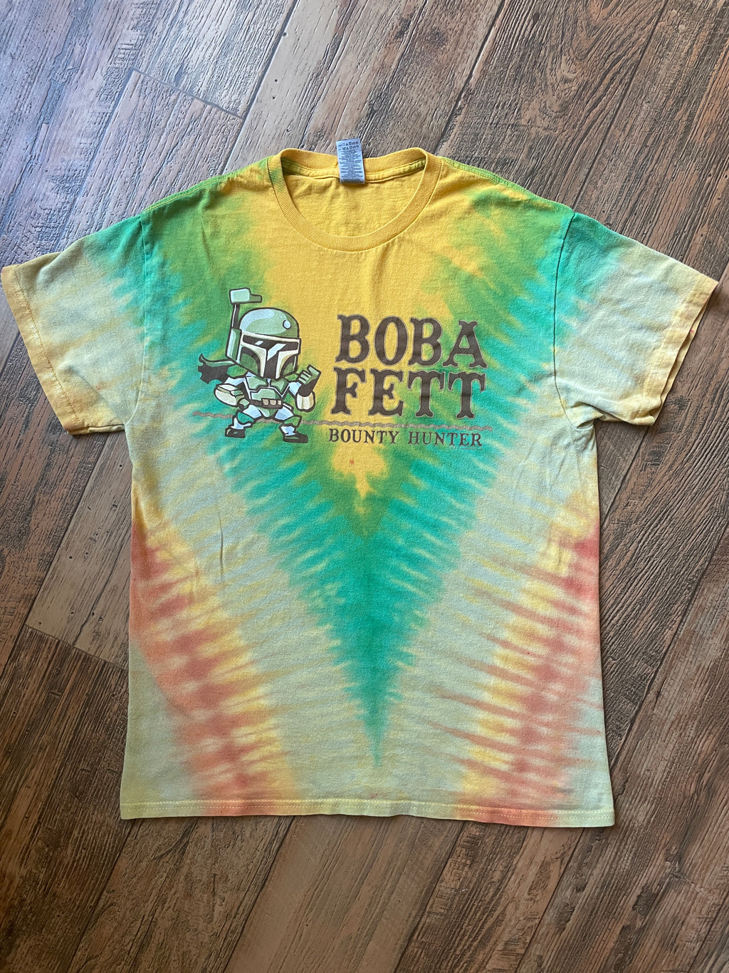 Star Wars Boba Fett Yellow and Green Tie Dye Short Sleeve T-Shirt | Men's Medium