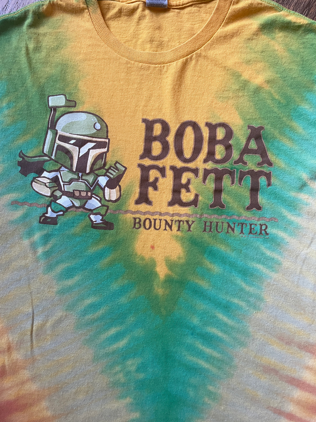 Star Wars Boba Fett Yellow and Green Tie Dye Short Sleeve T-Shirt | Men's Medium
