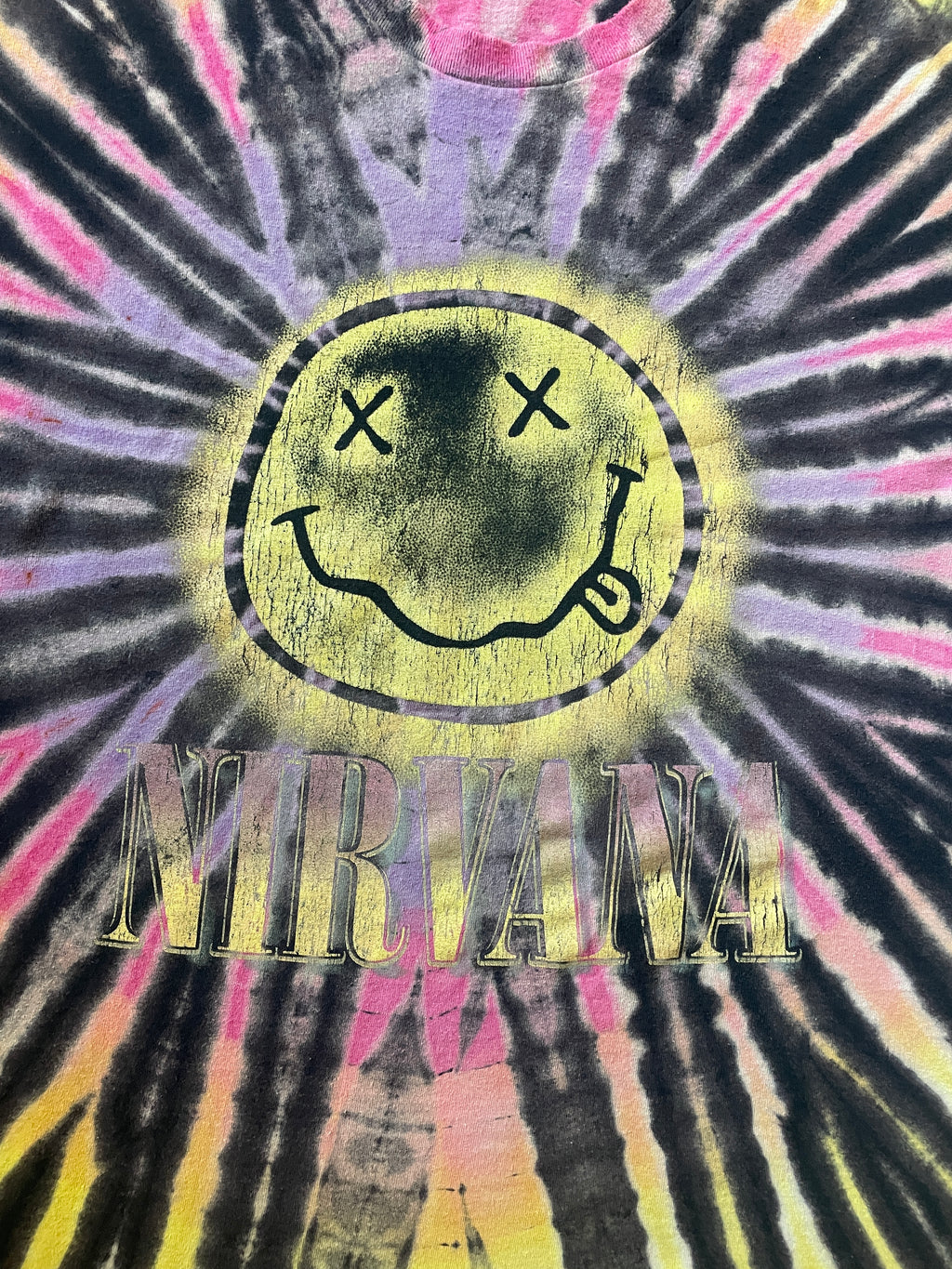 Nirvana Black and Neon Reverse Tie Dye Short Sleeve T-Shirt | Men's XL