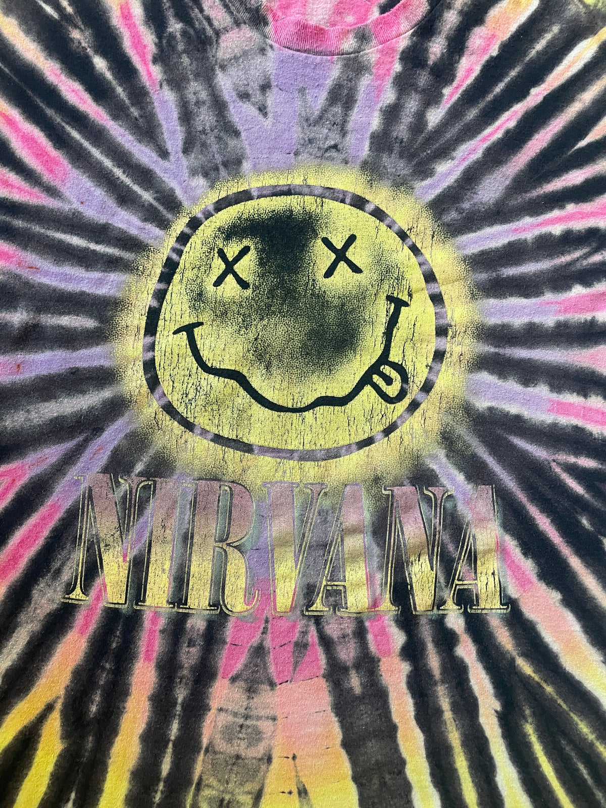 Nirvana Black and Neon Reverse Tie Dye Short Sleeve T-Shirt | Men's XL