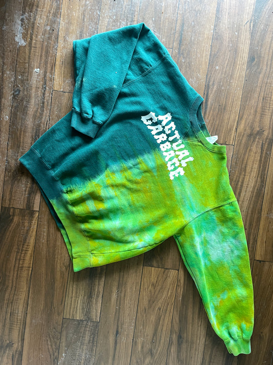 Medium Men's Actual Garbage Reverse Tie Dye Long Sleeve Crewneck Sweatshirt | One-Of-a-Kind Upcycled Green and White Sweatshirt