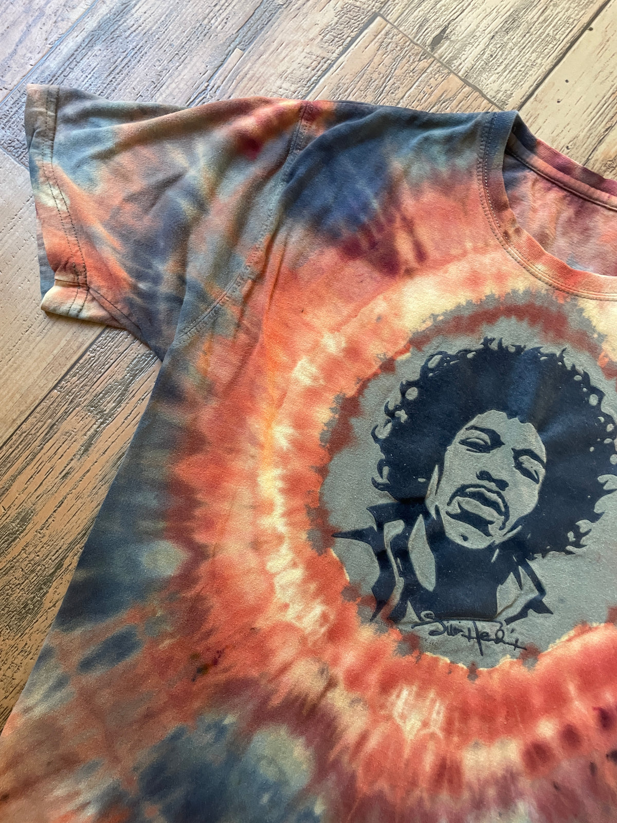 Jimi Hendrix Green and Brown Earth Tones Melty Ice Dye Short Sleeve T-Shirt | Men's Large