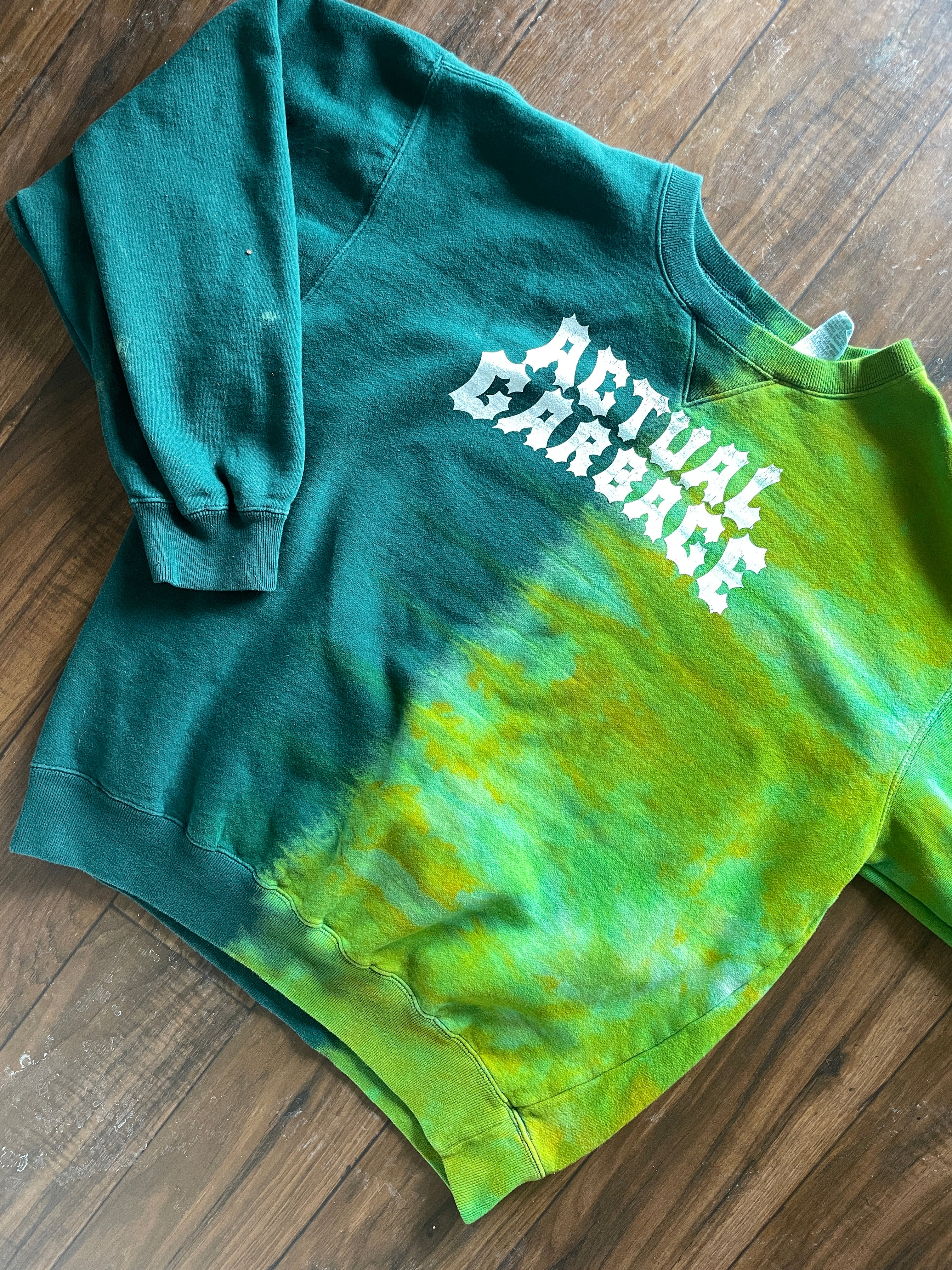 Medium Men's Actual Garbage Reverse Tie Dye Long Sleeve Crewneck Sweatshirt | One-Of-a-Kind Upcycled Green and White Sweatshirt