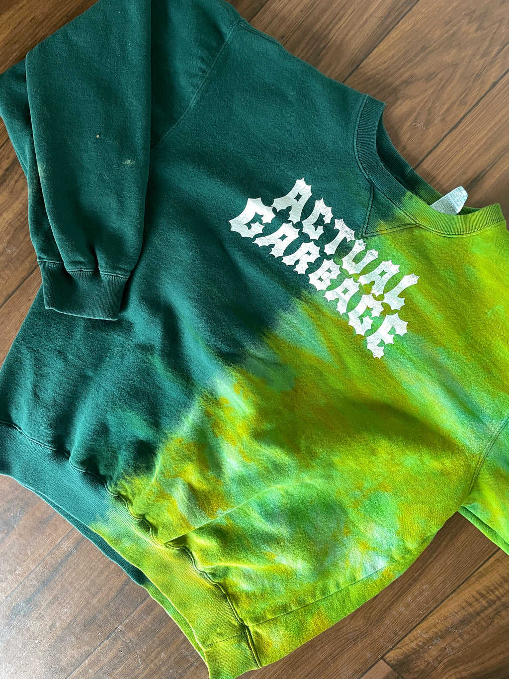 Medium Men's Actual Garbage Reverse Tie Dye Long Sleeve Crewneck Sweatshirt | One-Of-a-Kind Upcycled Green and White Sweatshirt