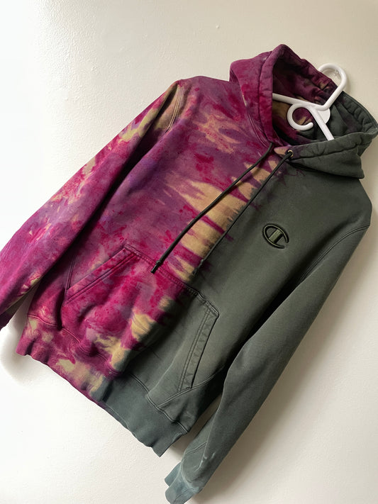 Medium Men's Champion Embroidered Tie Dye Long Sleeve Hoodie | One-Of-a-Kind Upcycled Half and Half Olive Green and Magenta Sweatshirt
